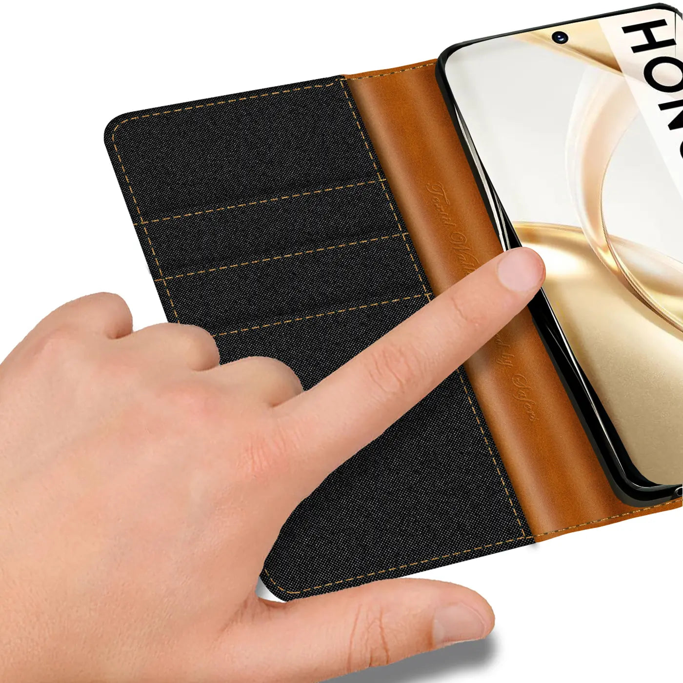 Honor 200 Klapphülle, Textil/Leder, Nahaufnahme, Finger berührt Bildschirm.
