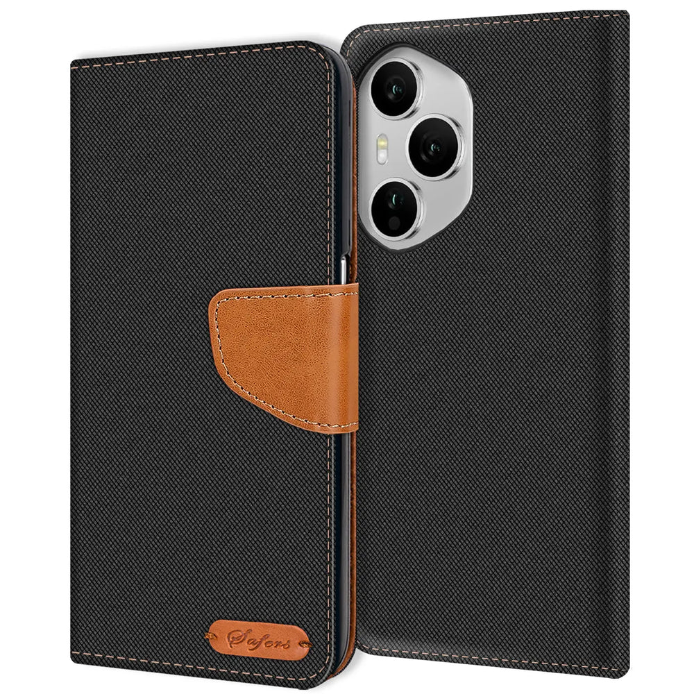 Schwarze Textil-Klapphülle mit braunem Lederakzent, Honor 400 Pro mit Kamera.