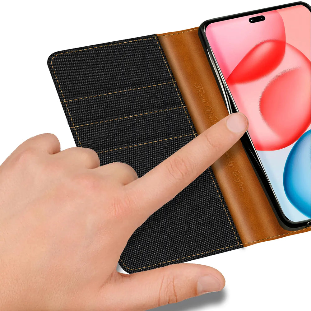 Braune Leder-Klapphülle mit schwarzem Textil, Kartenfächern, Honor 400 Pro.