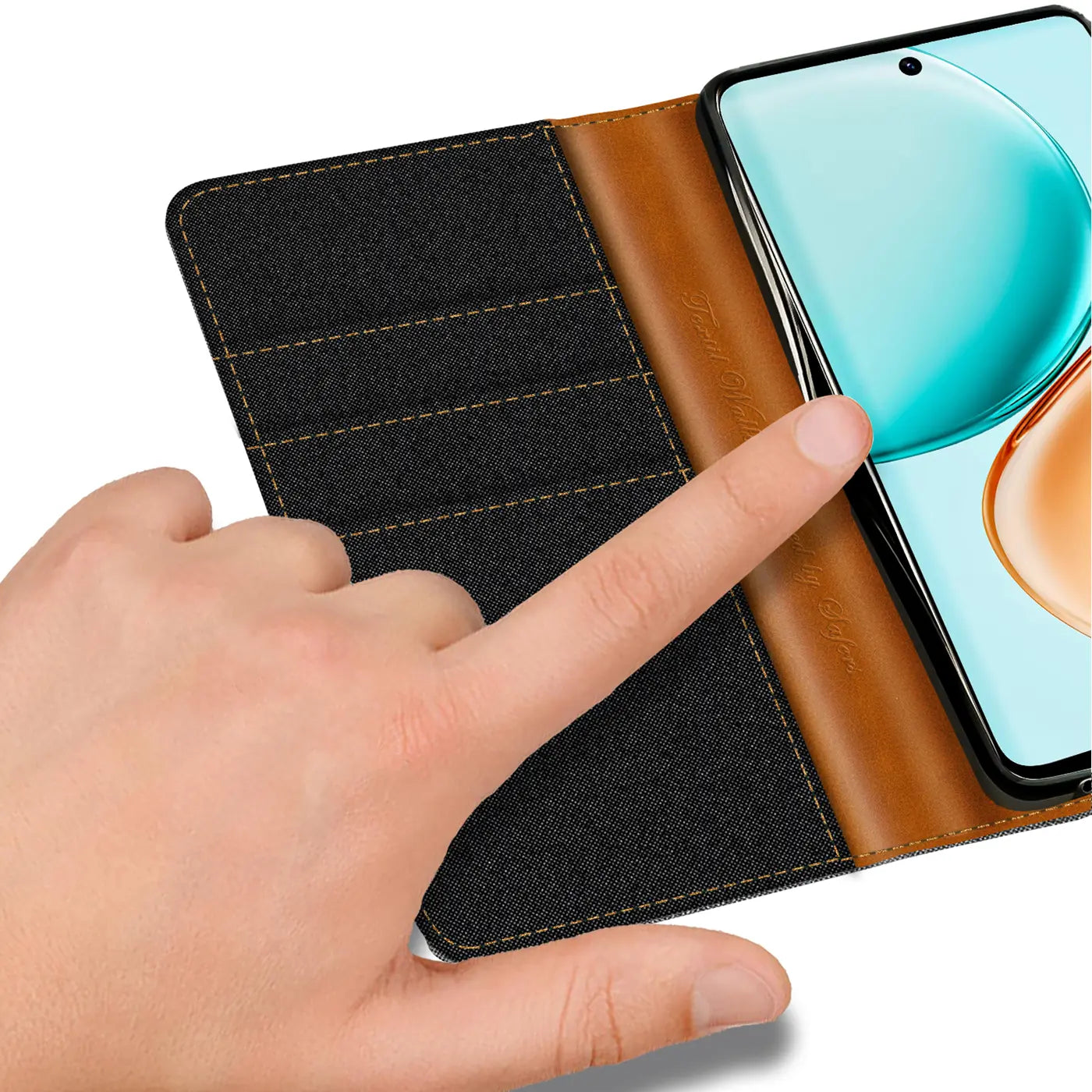 Schwarze Textilhülle mit braunem Lederdetail, Kartenfächer, Honor 400 Smart, Nahaufnahme