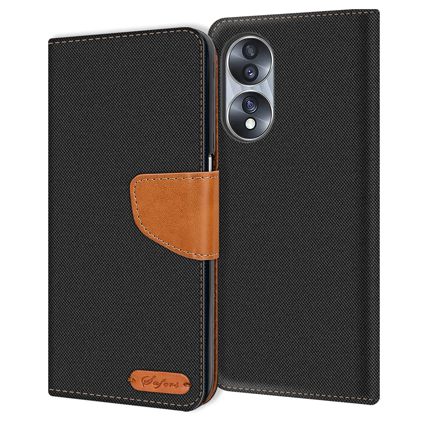 Schwarze Textil-Klapphülle mit braunem Lederakzent, Honor 70 sichtbar