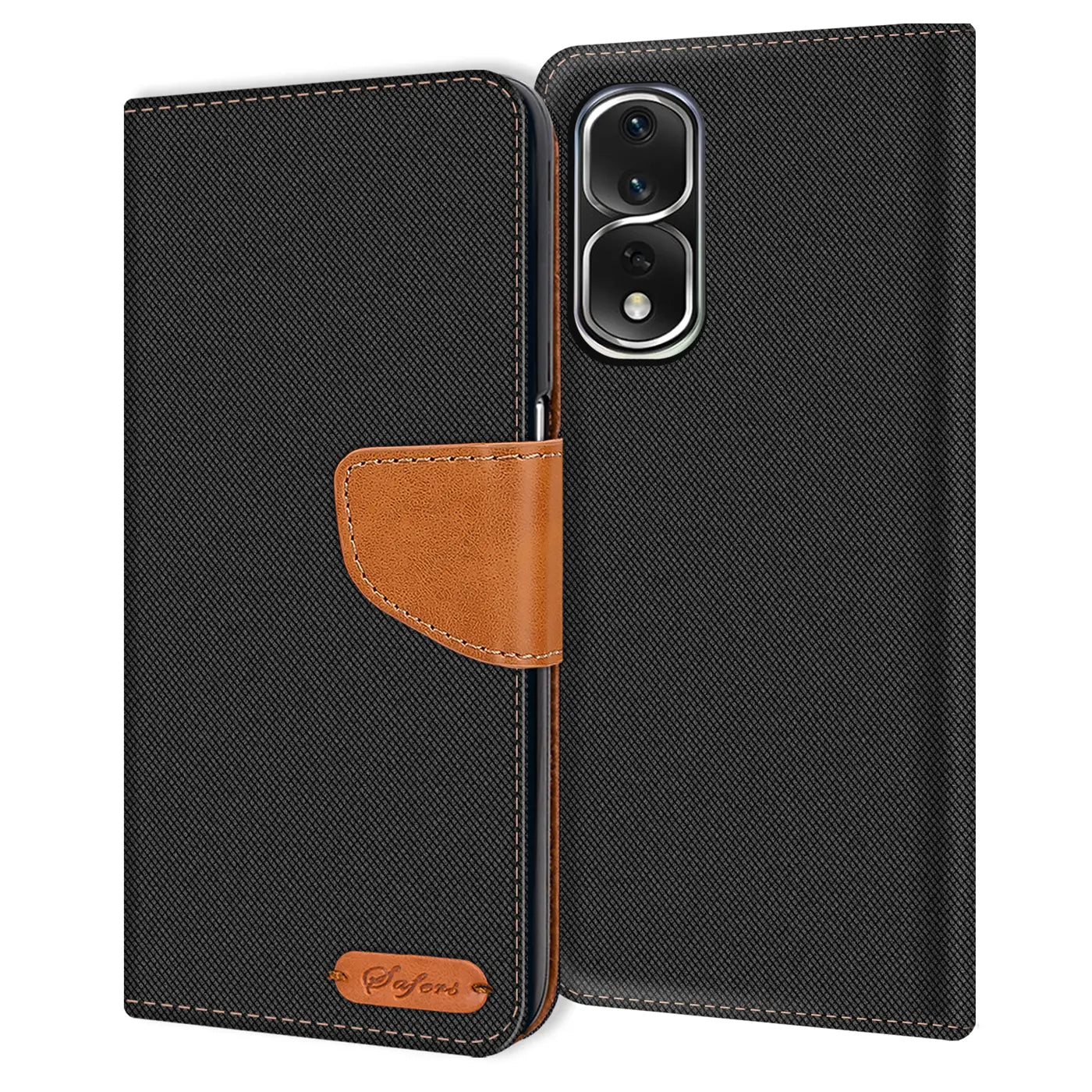 Schwarze Textil-Klapphülle mit braunem Lederakzent, zeigt Rückseite eines Honor 80 Pro.