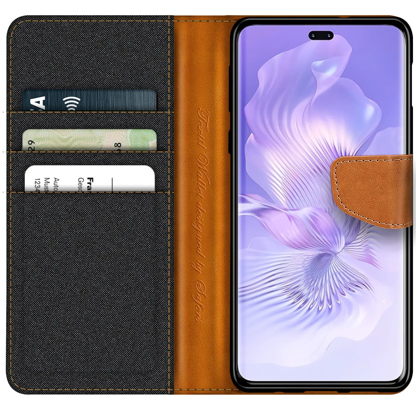 Textil-Klapphülle in Schwarz/Braun mit Kartenfach für Honor 80 Pro, von vorne