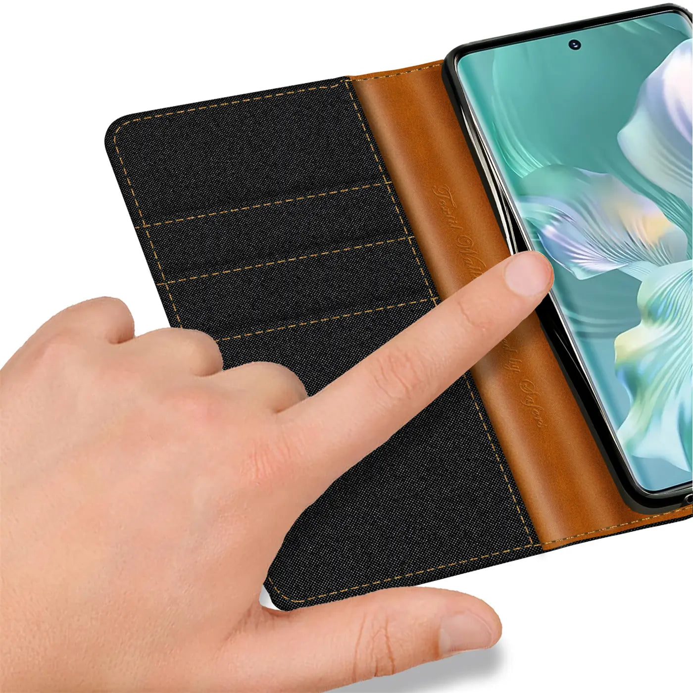 Honor 80 Klapphülle, Textil/Leder, Kartenfach, Finger berührt Bildschirm