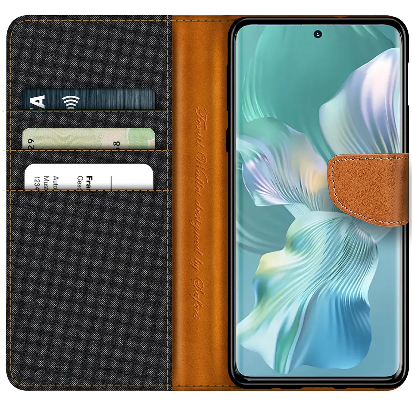 Textil-Klapphülle in Schwarz/Braun mit Kartenfach für Honor 80 SE, von vorne
