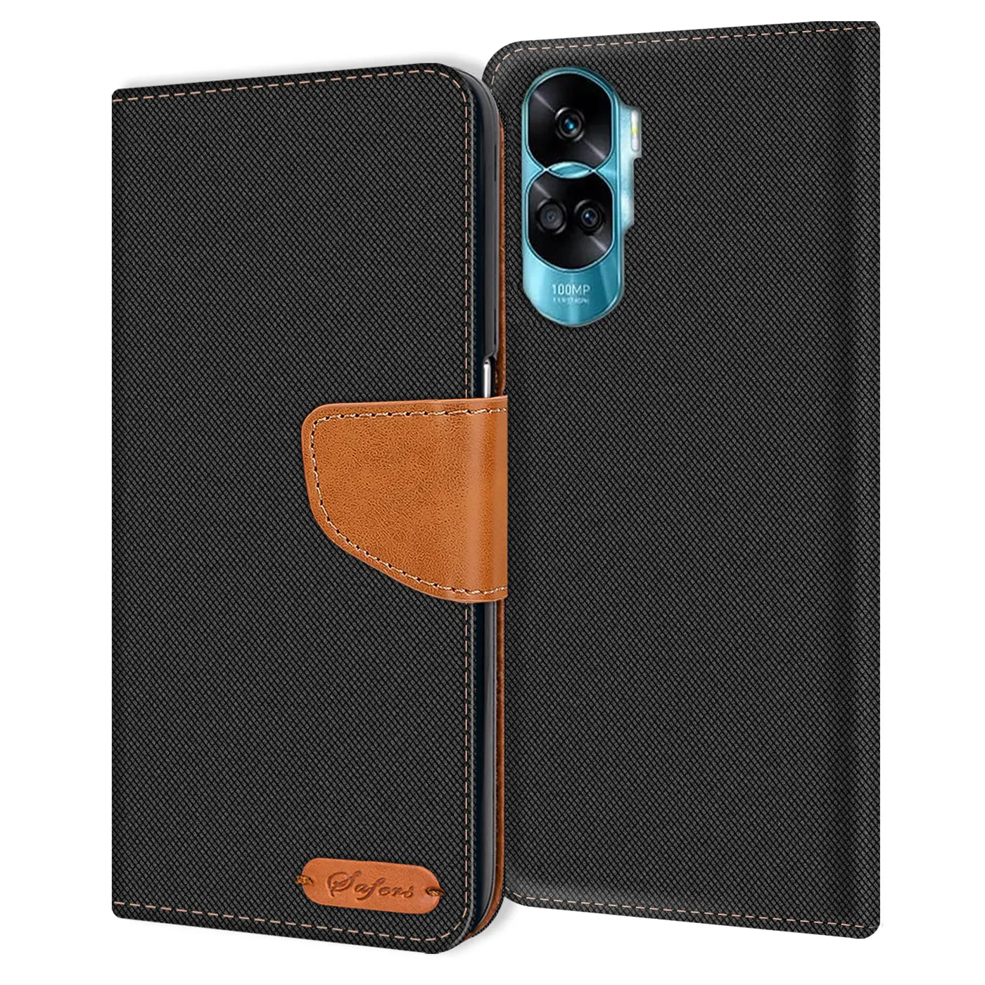 Schwarze Textilhülle mit braunem Lederakzent für Honor 90 Lite, von vorne, mit Kamera.