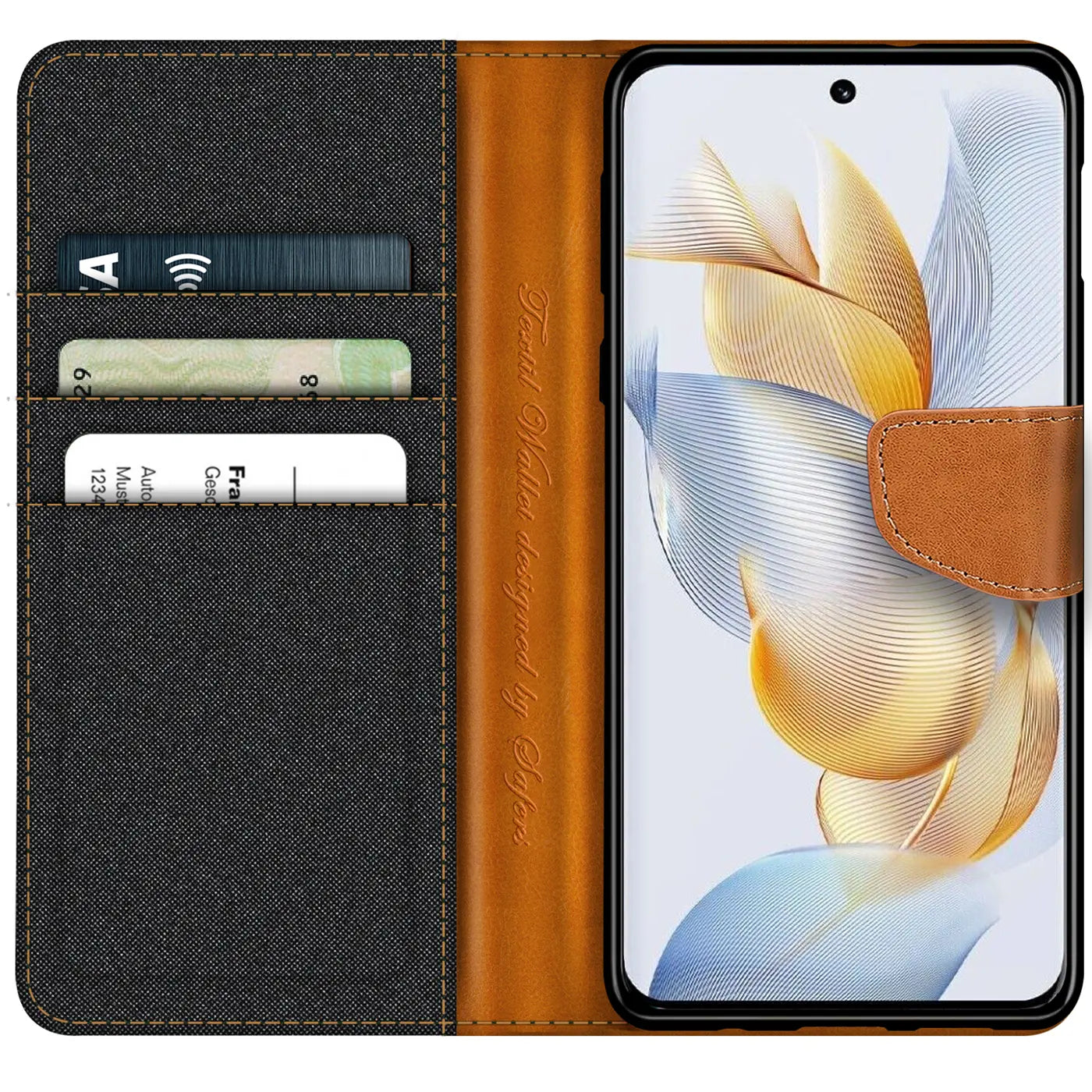 Honor 90 Klapphülle aus Textil und Leder, braun/grau, Kartenfächer, von vorne