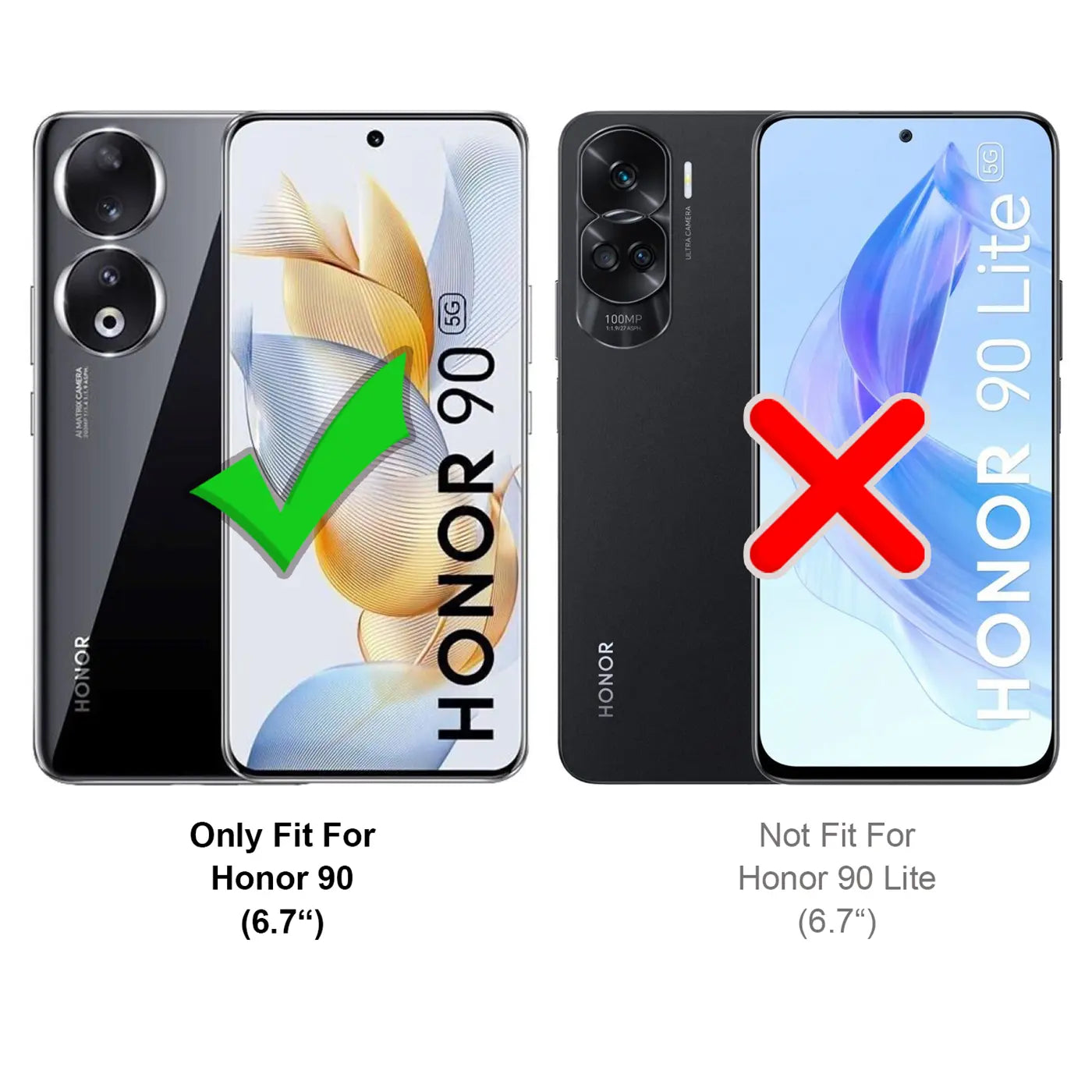 Zwei Honor 90 Smartphones, eines mit grünem Haken, eines mit rotem Kreuz.