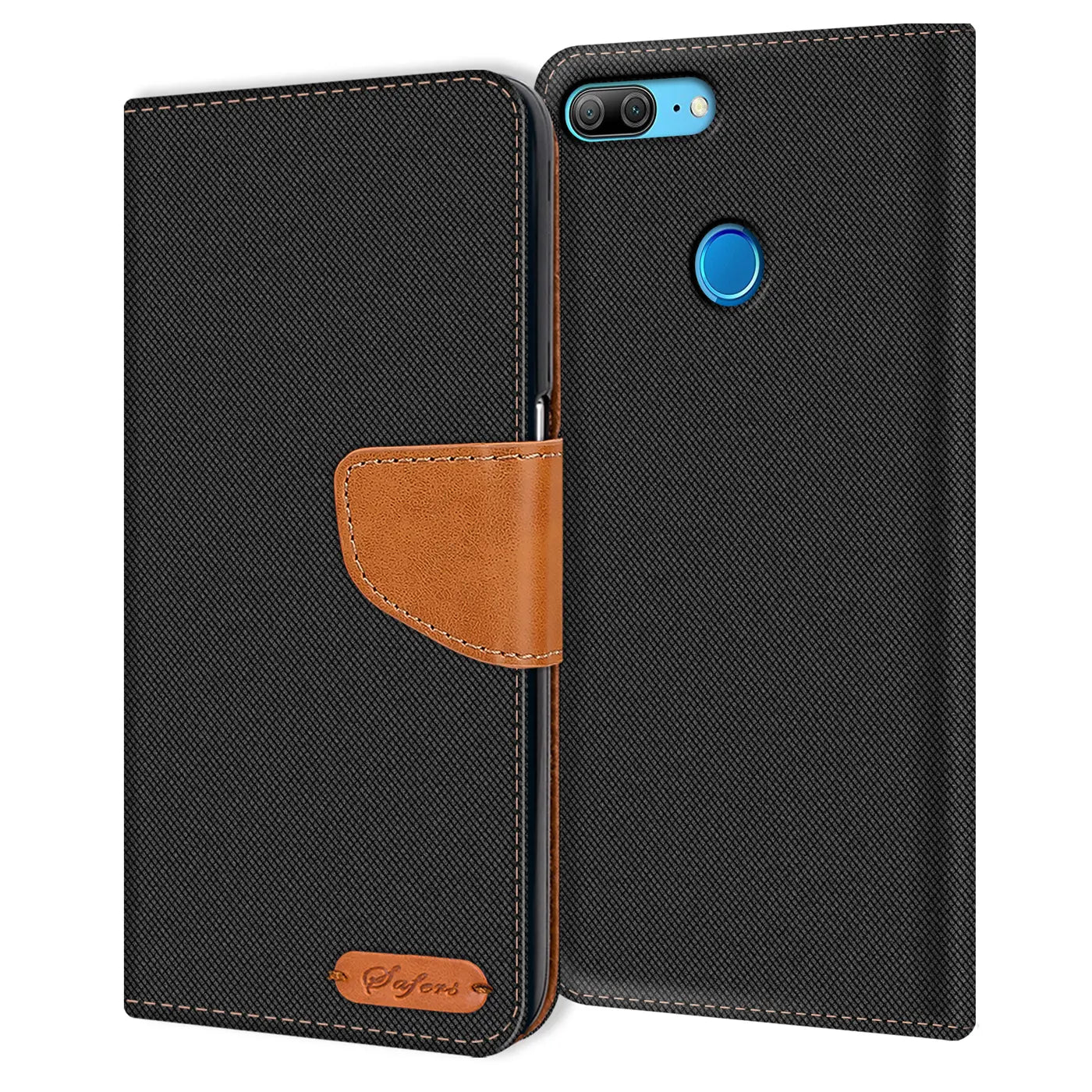 Schwarze Textil-Klapphülle mit braunem Lederriemen, Honor 9 Lite sichtbar, von vorne