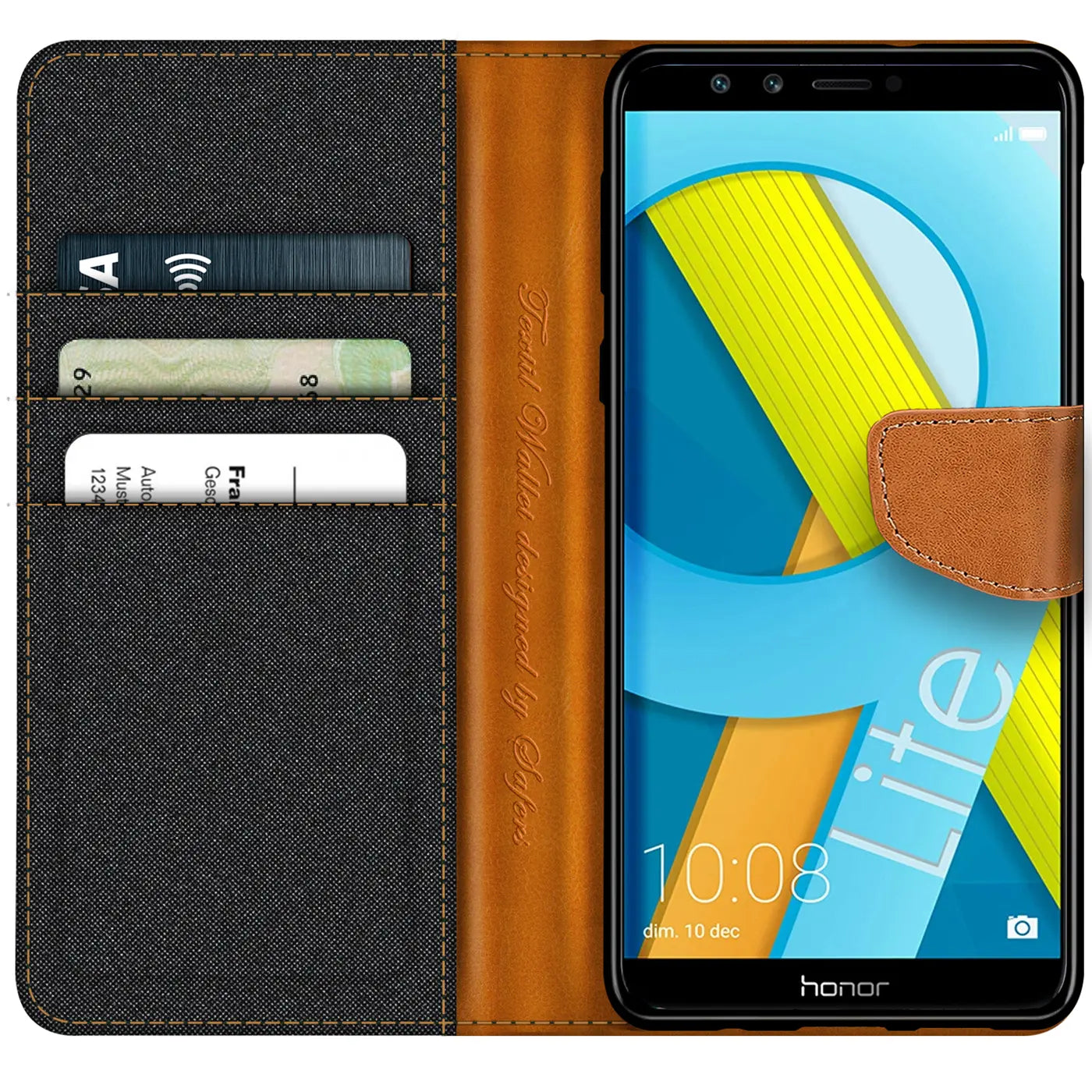 Honor 9 Lite Klapphülle, Textil/Leder, Vorderansicht, mit Kartenfach