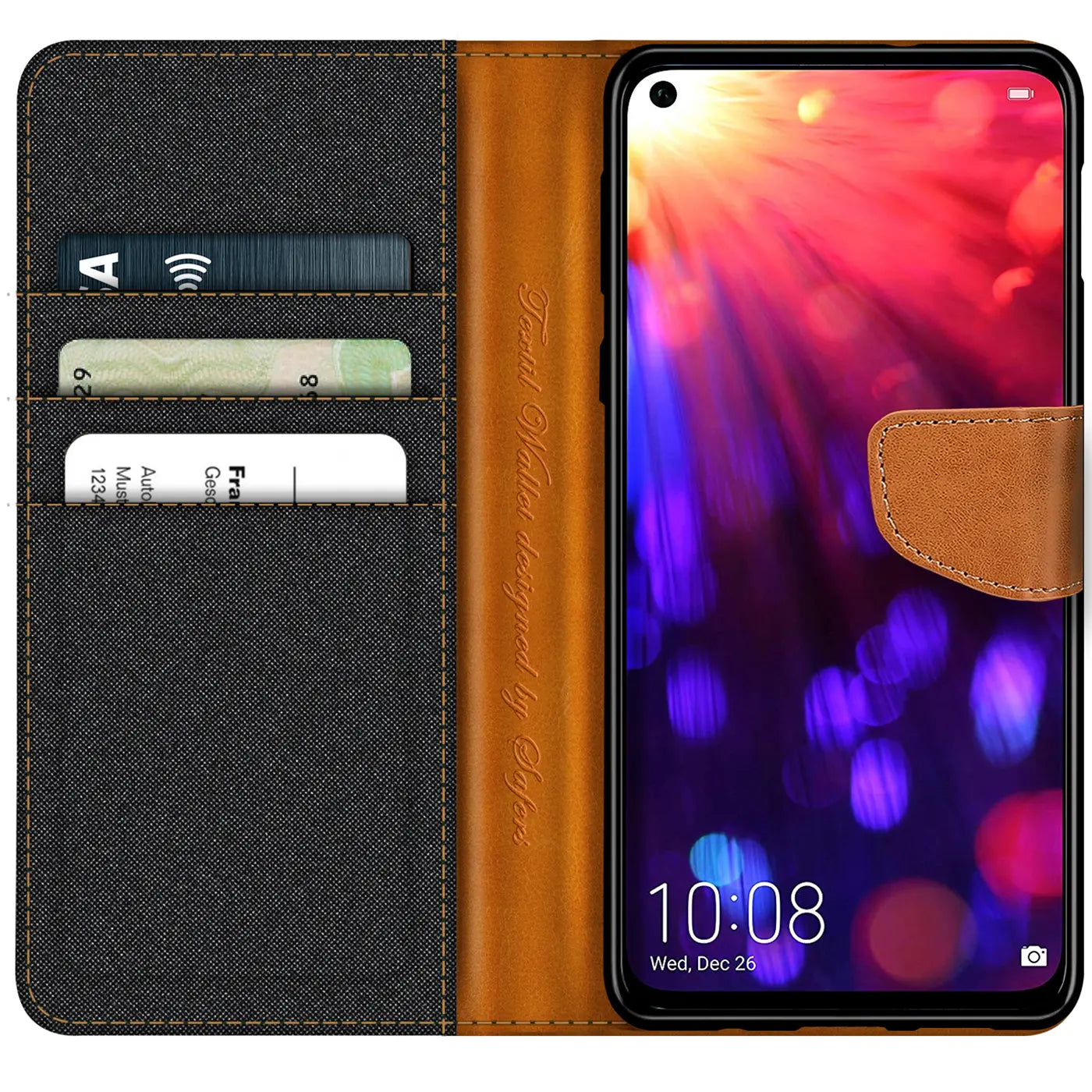 Honor View 20 Klapphülle, Textil/Leder, Vorderansicht, mit Kartenfächern