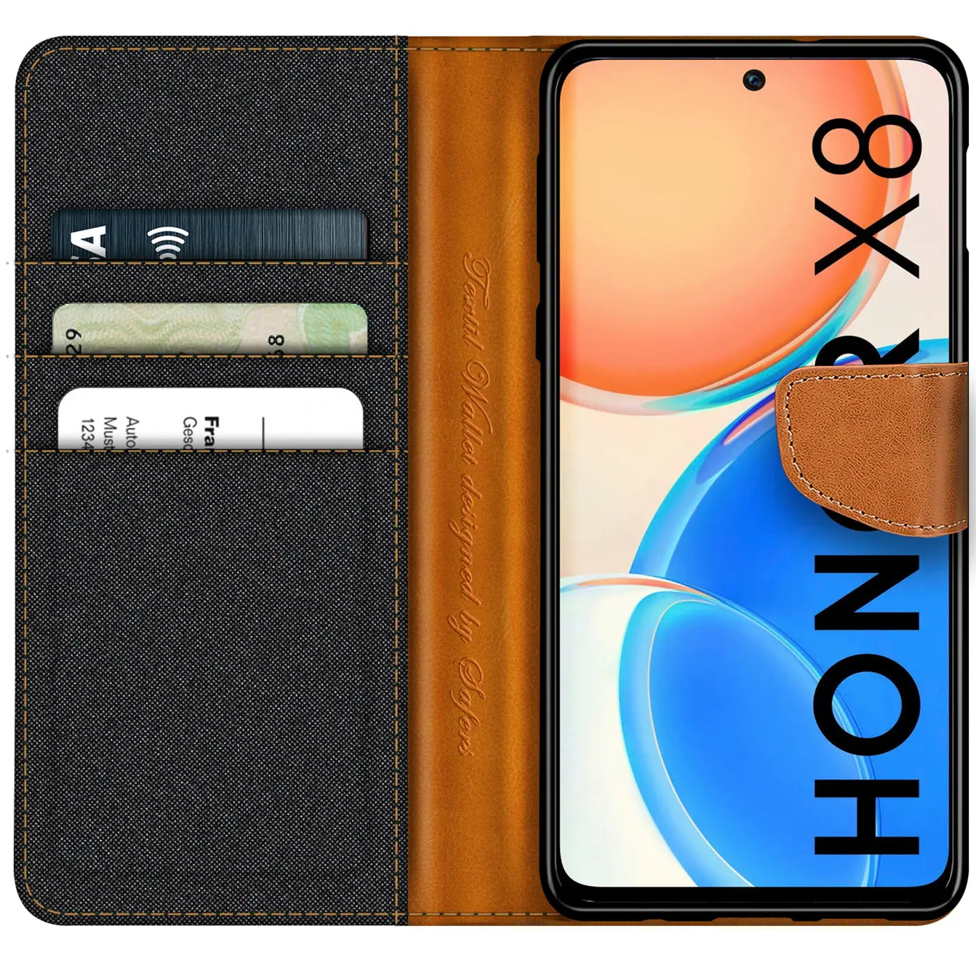 Honor X8 Klapphülle, Textil/Leder, Kartenfach, von vorne