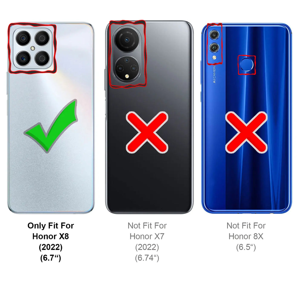 Drei Smartphones im Rückenansicht: Honor X8 (passend), Honor X7 (nicht passend), Honor 8X (nicht passend).