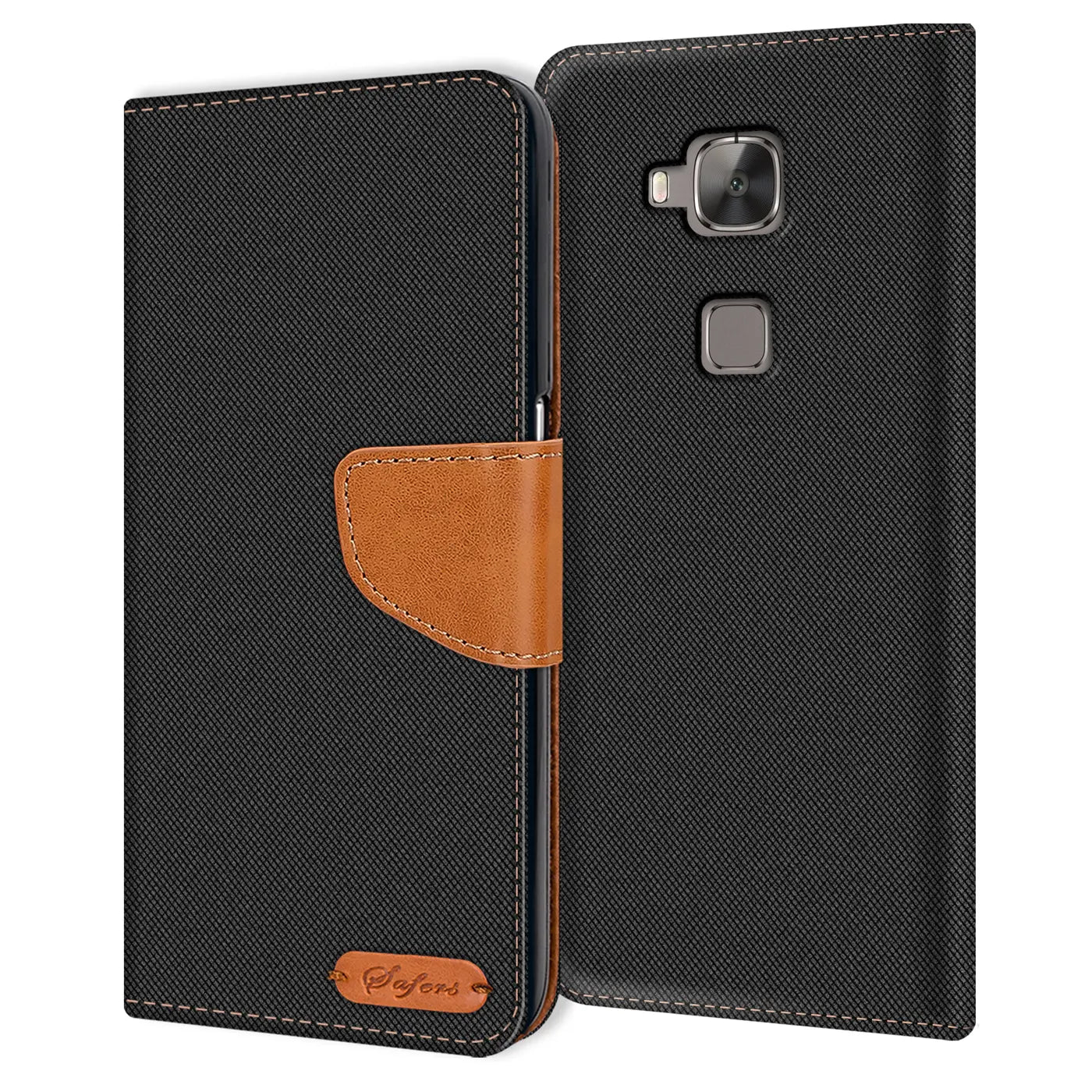Schwarze Textilhülle mit braunem Lederriemen, geöffnet, zeigt Huawei G8 Rückseite.