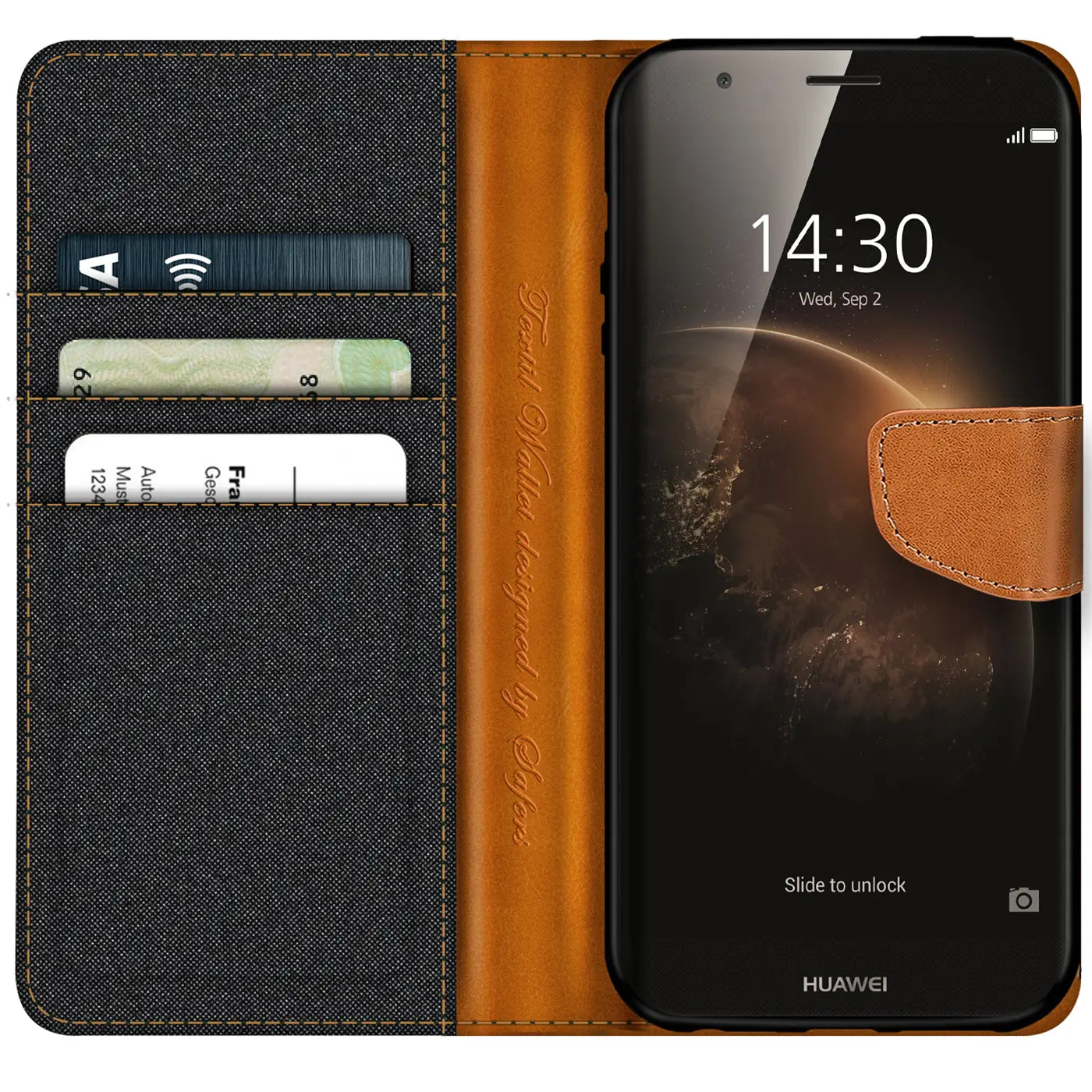 Braune Leder-Klapphülle mit Kartenfächern und Huawei G8, von vorne.