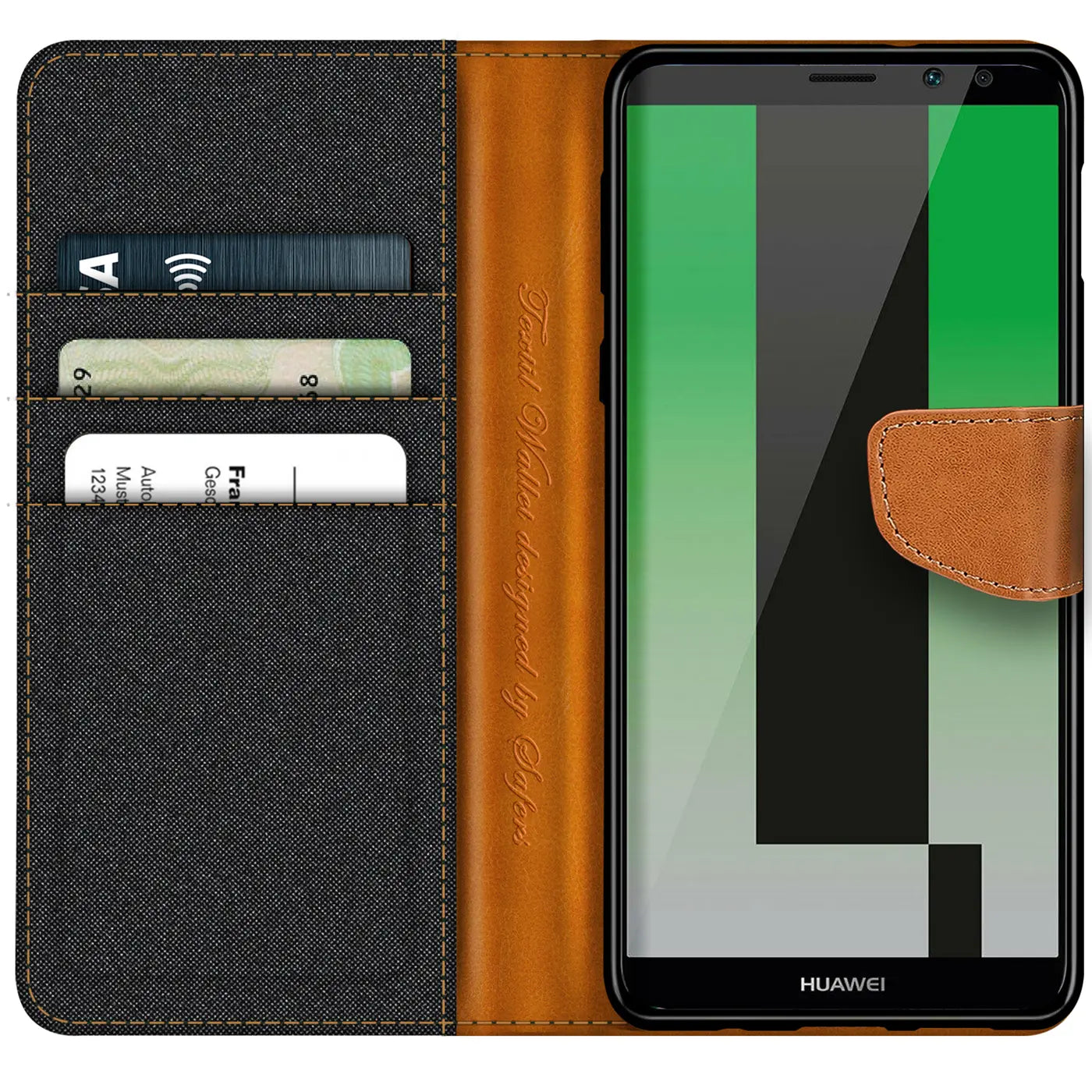 Textil-Klapphülle mit Kartenfach für Huawei Mate 10 Lite, braun/grau, von vorne