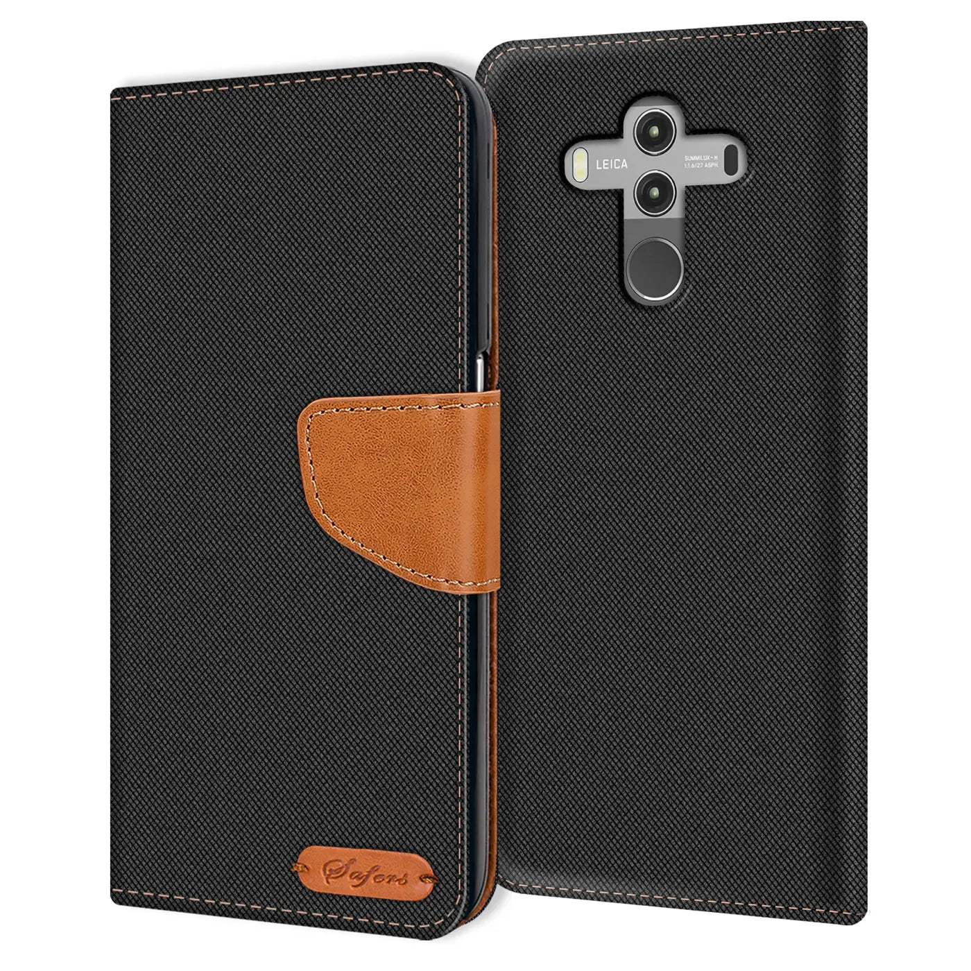 Schwarze Textil-Klapphülle mit braunem Lederakzent, Vorderansicht, für Huawei Mate 10 Pro.
