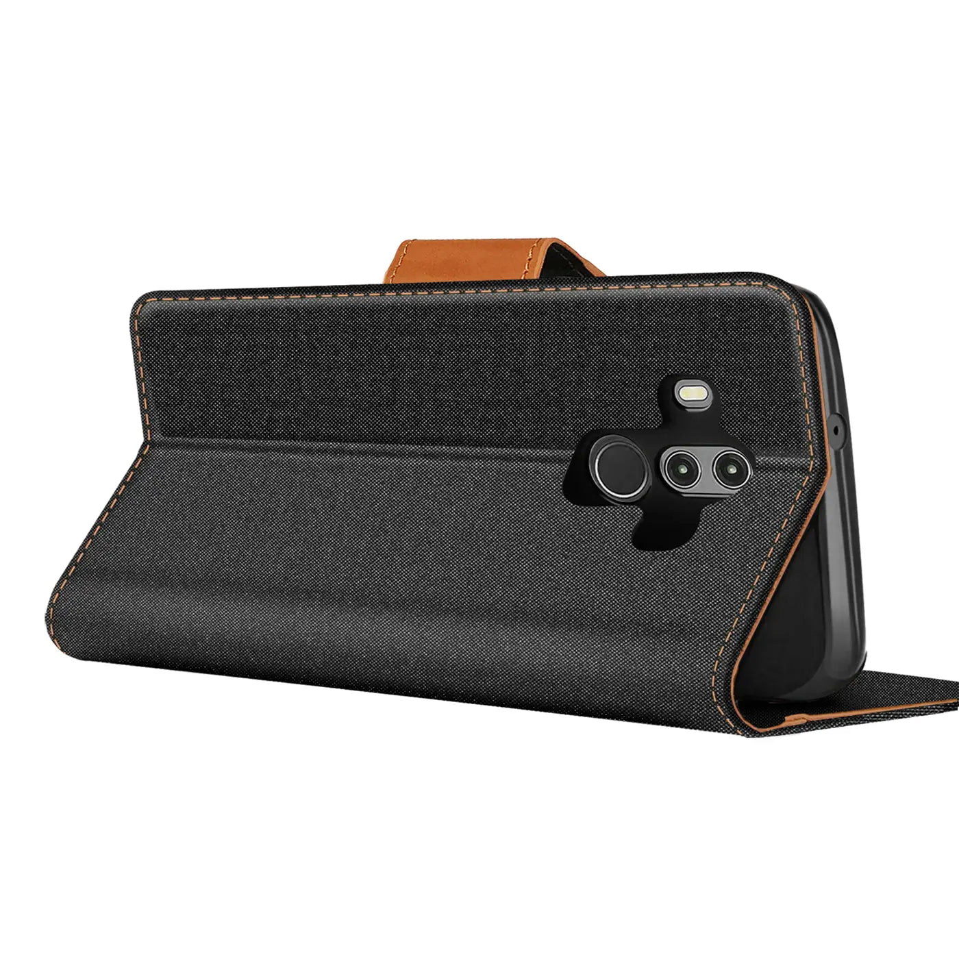 Schwarze Textil-Klapphülle mit braunem Riemen, von der Seite, Huawei Mate 10 Pro sichtbar.