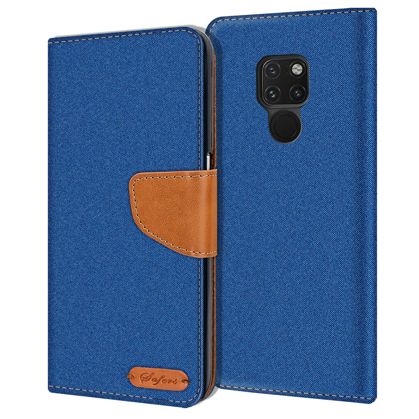 Blaue Textil-Klapphülle mit braunem Lederakzent, Rückseite eines Huawei Mate 20 sichtbar.