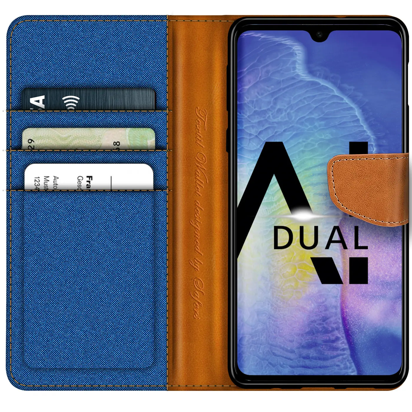 Blaue Textil-Klapphülle mit braunen Lederdetails und Kartenfächern, zeigt Huawei Mate 20.