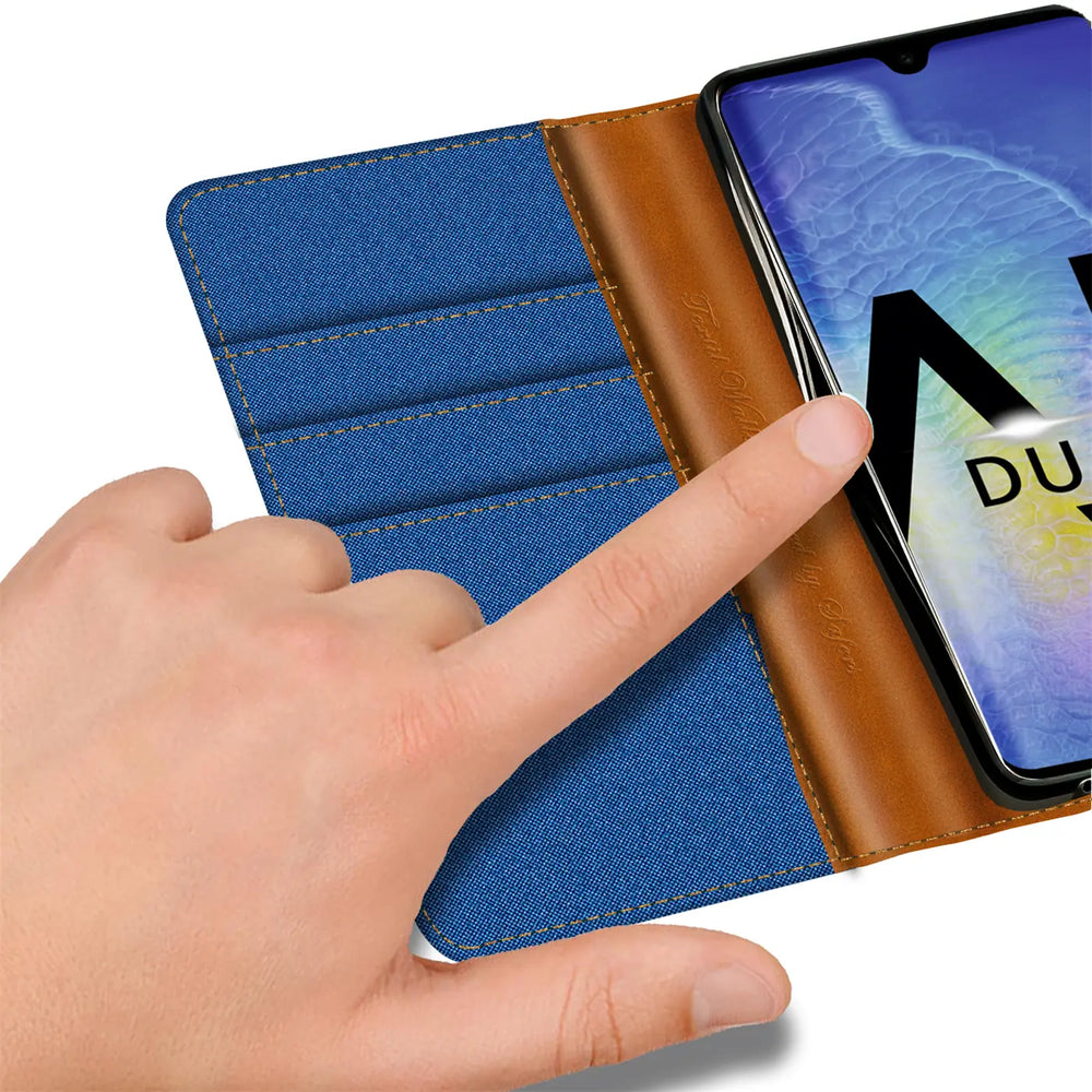 Huawei Mate 20 Klapphülle im Jeanslook mit Karten- und Geldfach