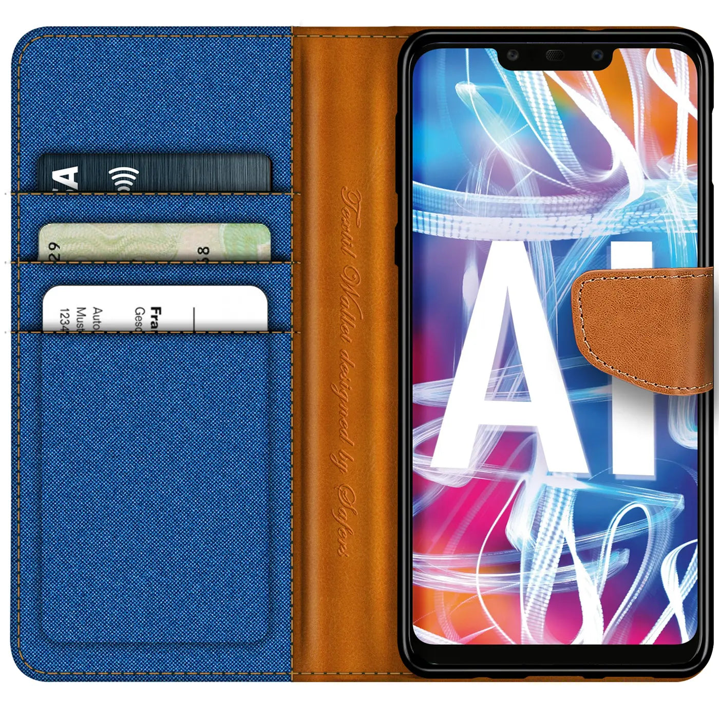 Blaue Textil-Klapphülle mit braunen Lederdetails und Kartenfächern, zeigt Huawei Mate 20 Lite.