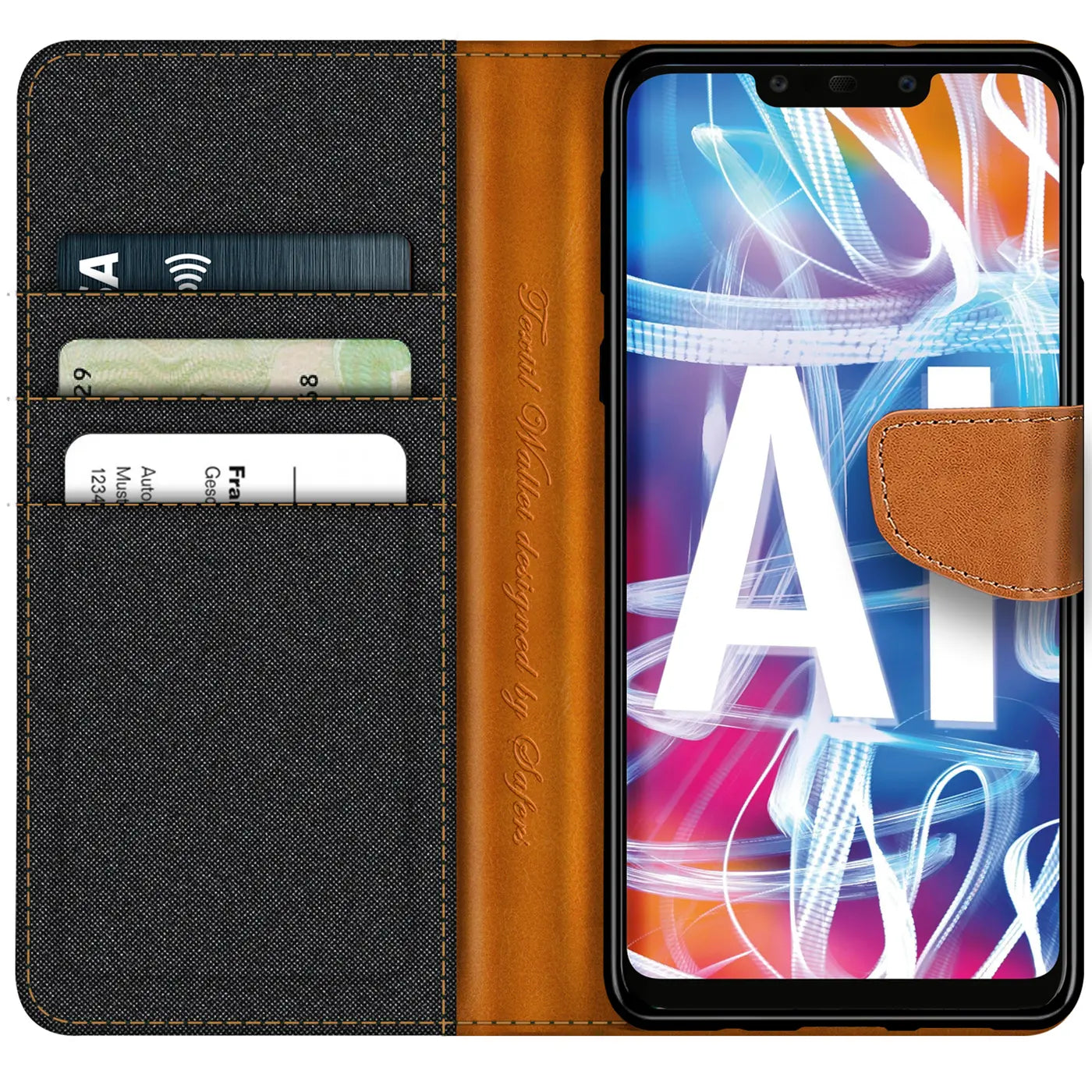 Textil-Klapphülle mit Kartenfach für Huawei Mate 20 Lite, braun/grau, von vorn
