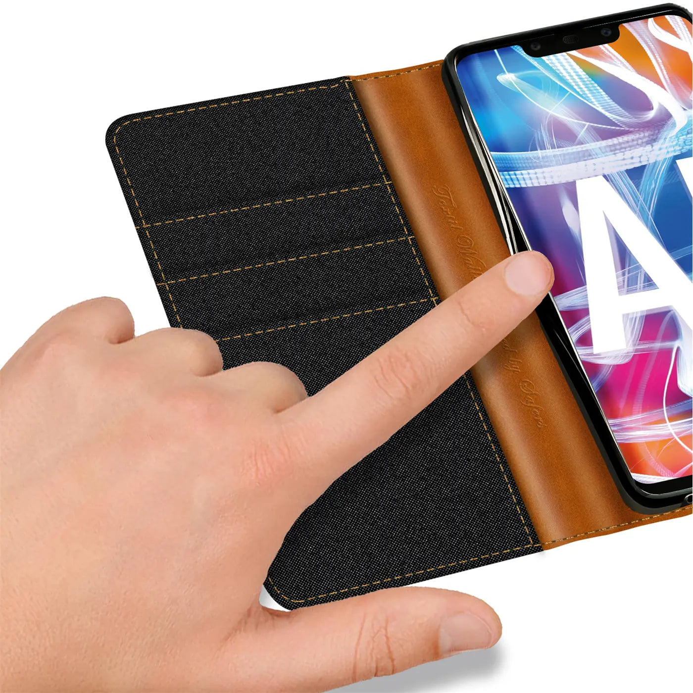 Schwarz-braune Textil-Klapphülle mit Kartenfach, Nahaufnahme, Huawei Mate 20 Lite.