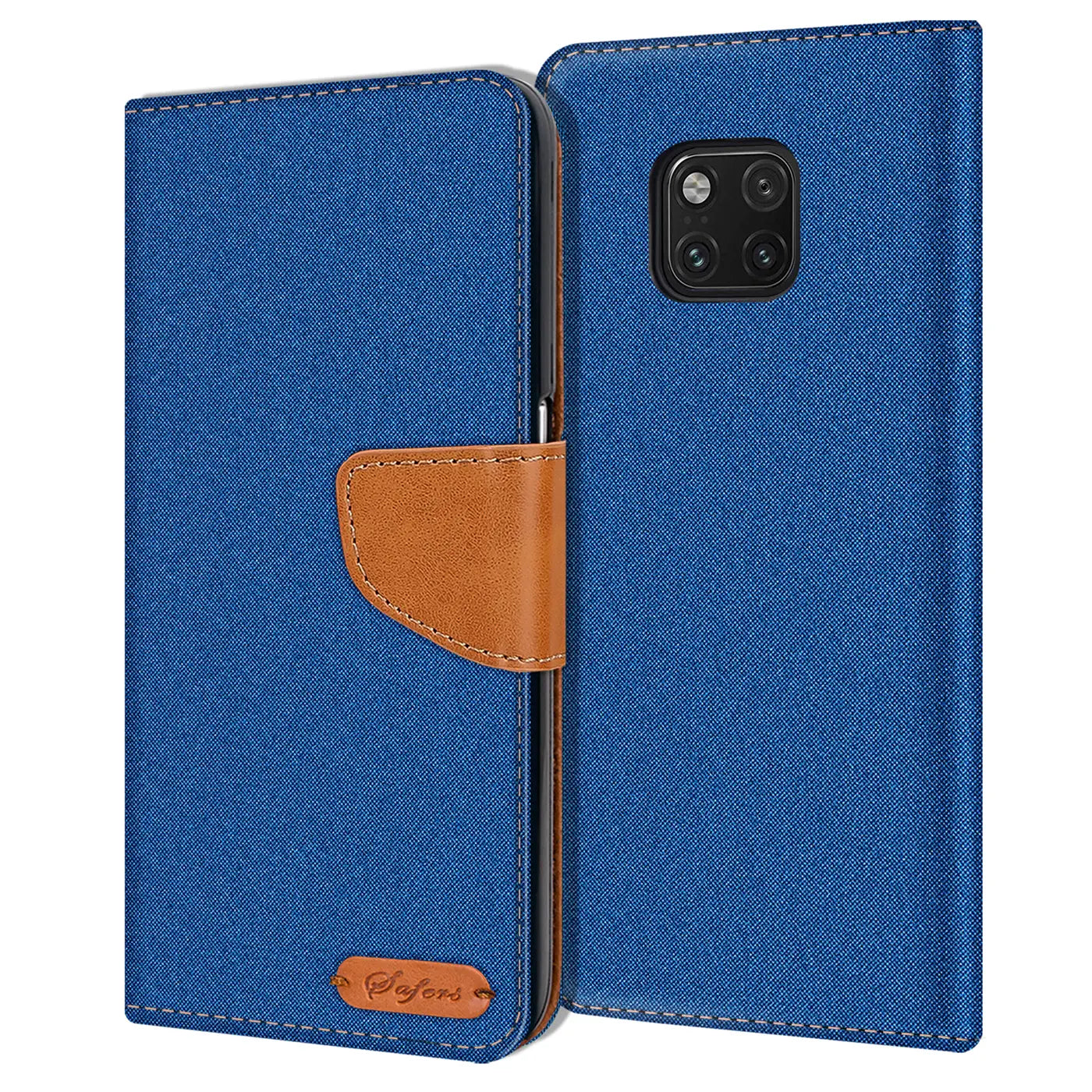 Blaue Textil-Klapphülle mit braunem Lederriemen, Vorder- und Rückansicht, für Huawei Mate 20 Pro.