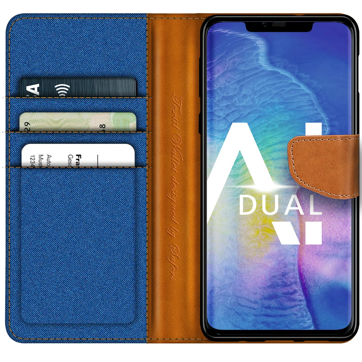 Blaue Textil-Klapphülle mit braunen Lederdetails und Kartenfächern, zeigt Huawei Mate 20 Pro.
