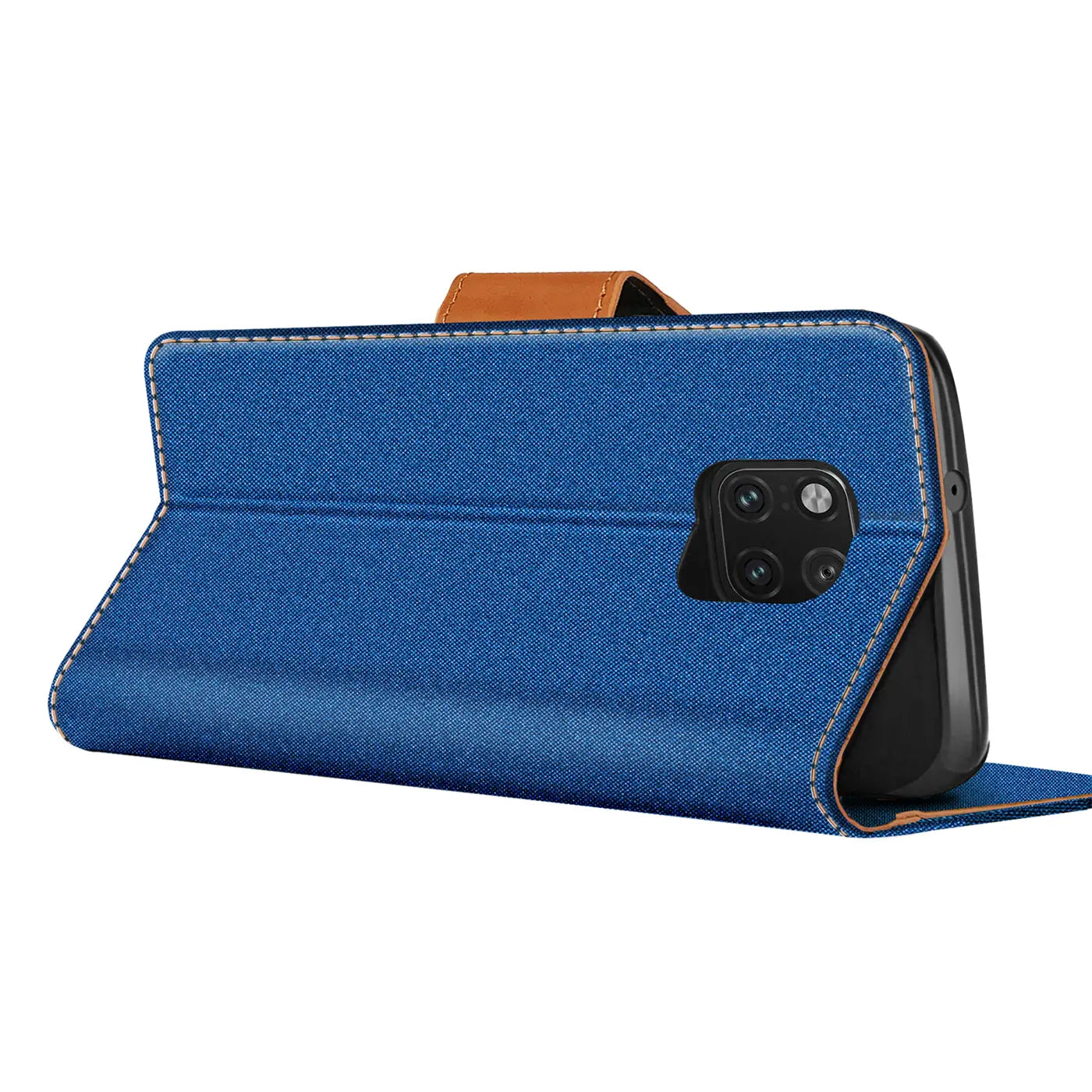 Blaue Textil-Klapphülle mit braunem Verschluss, seitliche Ansicht, zeigt Huawei Mate 20 Pro.
