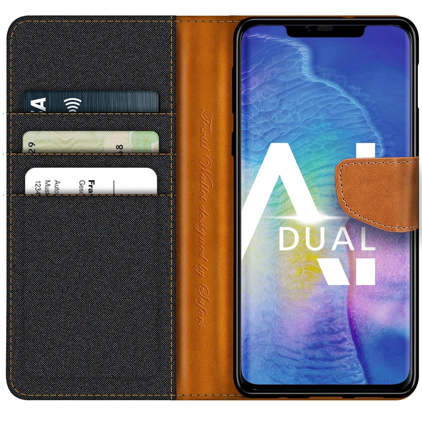 Textil-Klapphülle mit Kartenfach, braun/grau, für Huawei Mate 20 Pro, von vorn