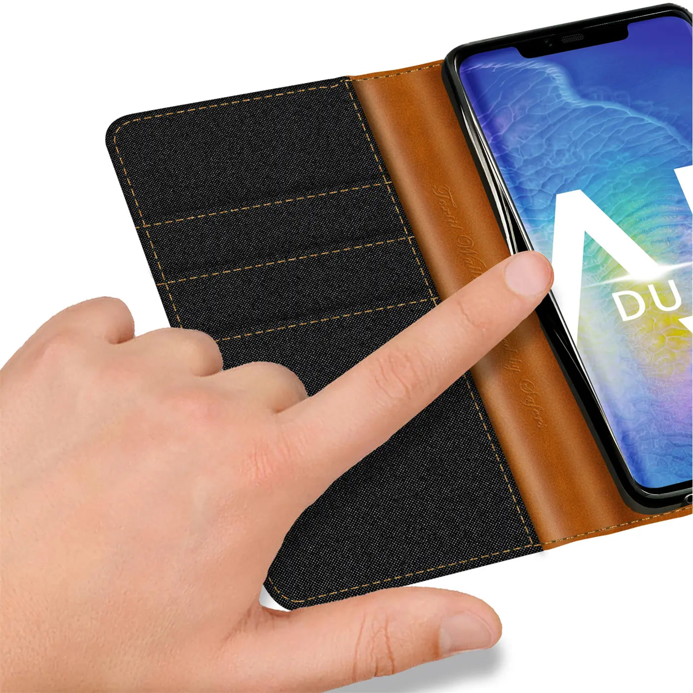 Textil-Klapphülle, braun/schwarz, mit Kartenfach, Huawei Mate 20 Pro, Nahaufnahme