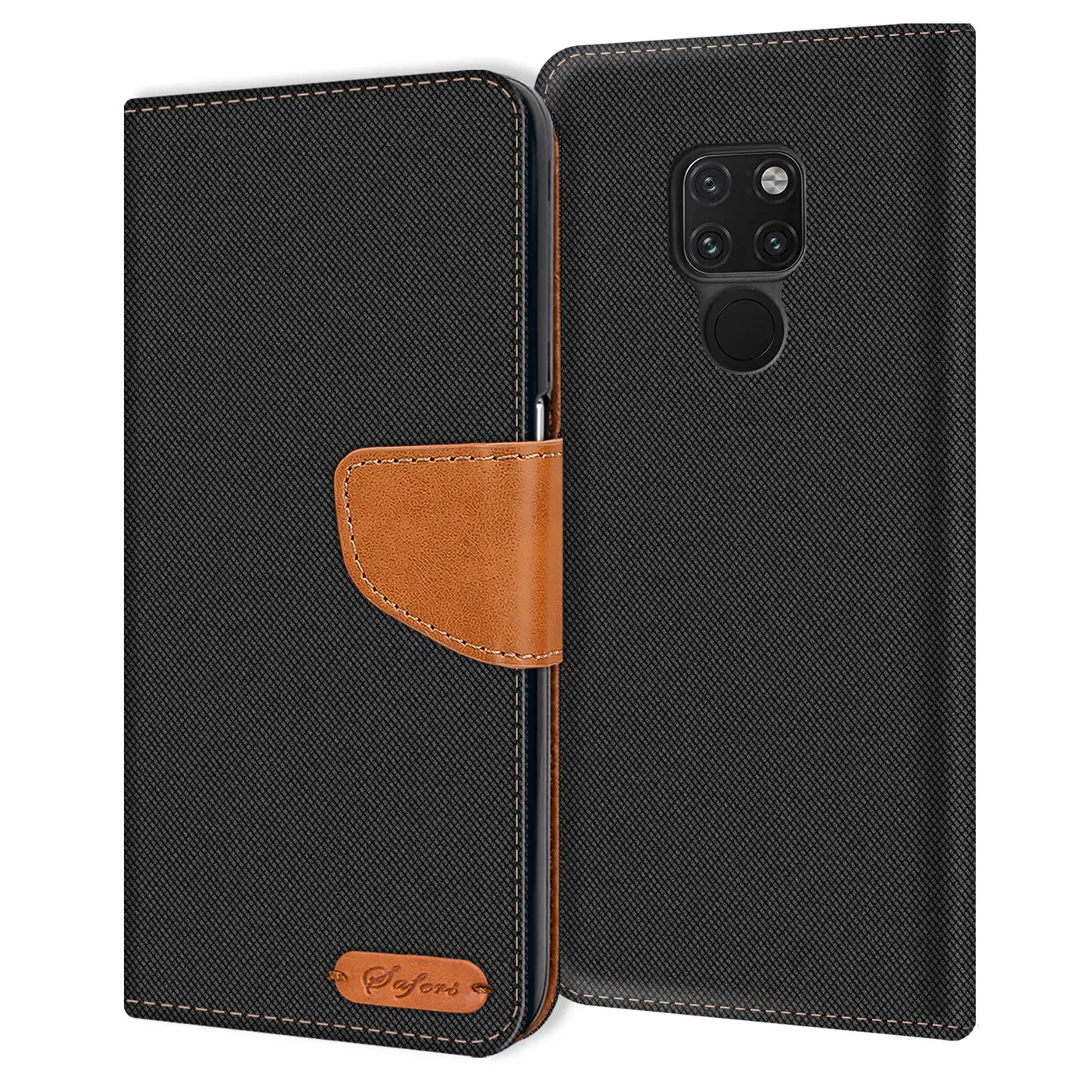 Schwarze Textil-Klapphülle mit braunem Lederakzent, Vorder- und Rückansicht, Huawei Mate 20.
