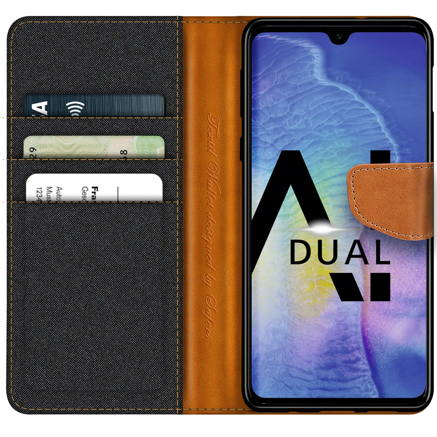 Textil-Klapphülle in Grau/Braun mit Kartenfächern für Huawei Mate 20, von vorne