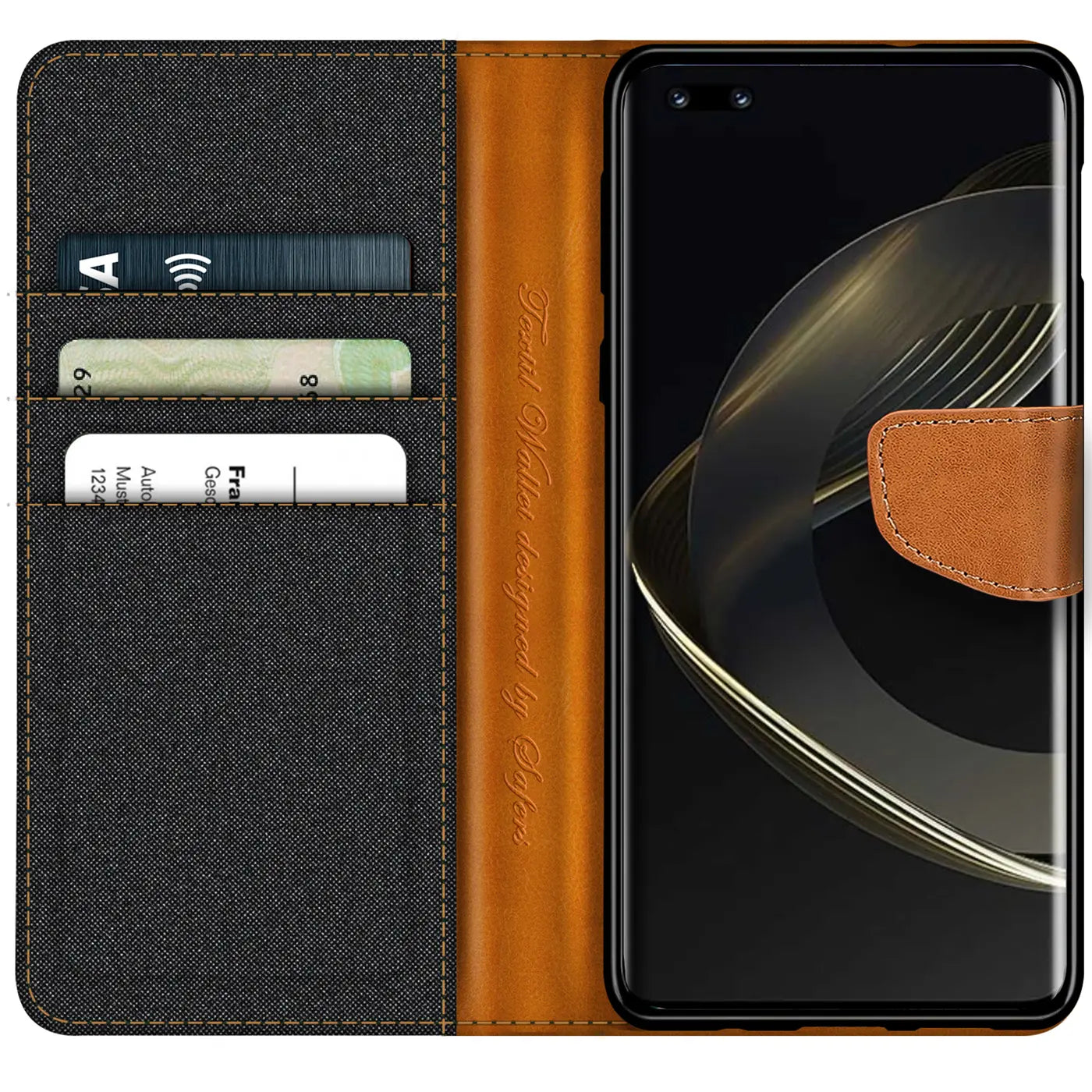 Textil-Klapphülle mit Kartenfach für Huawei Nova 11 Pro, schwarz/braun, von vorn