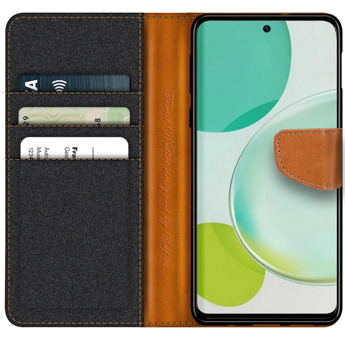 Textil-Klapphülle in Schwarz/Braun mit Kartenfach für Huawei Nova 11 i, von vorn