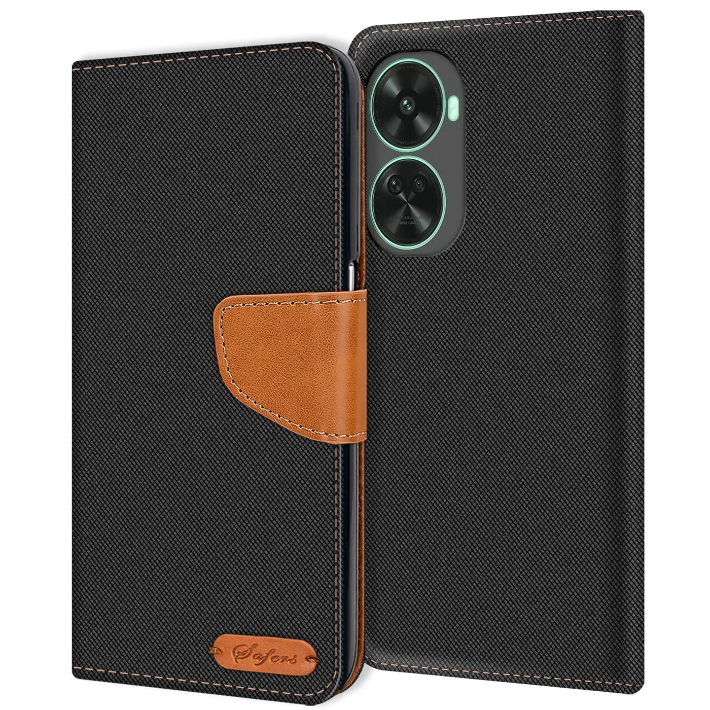 Schwarze Textil-Klapphülle mit braunem Lederakzent, Huawei Nova 12 SE, Vorderansicht