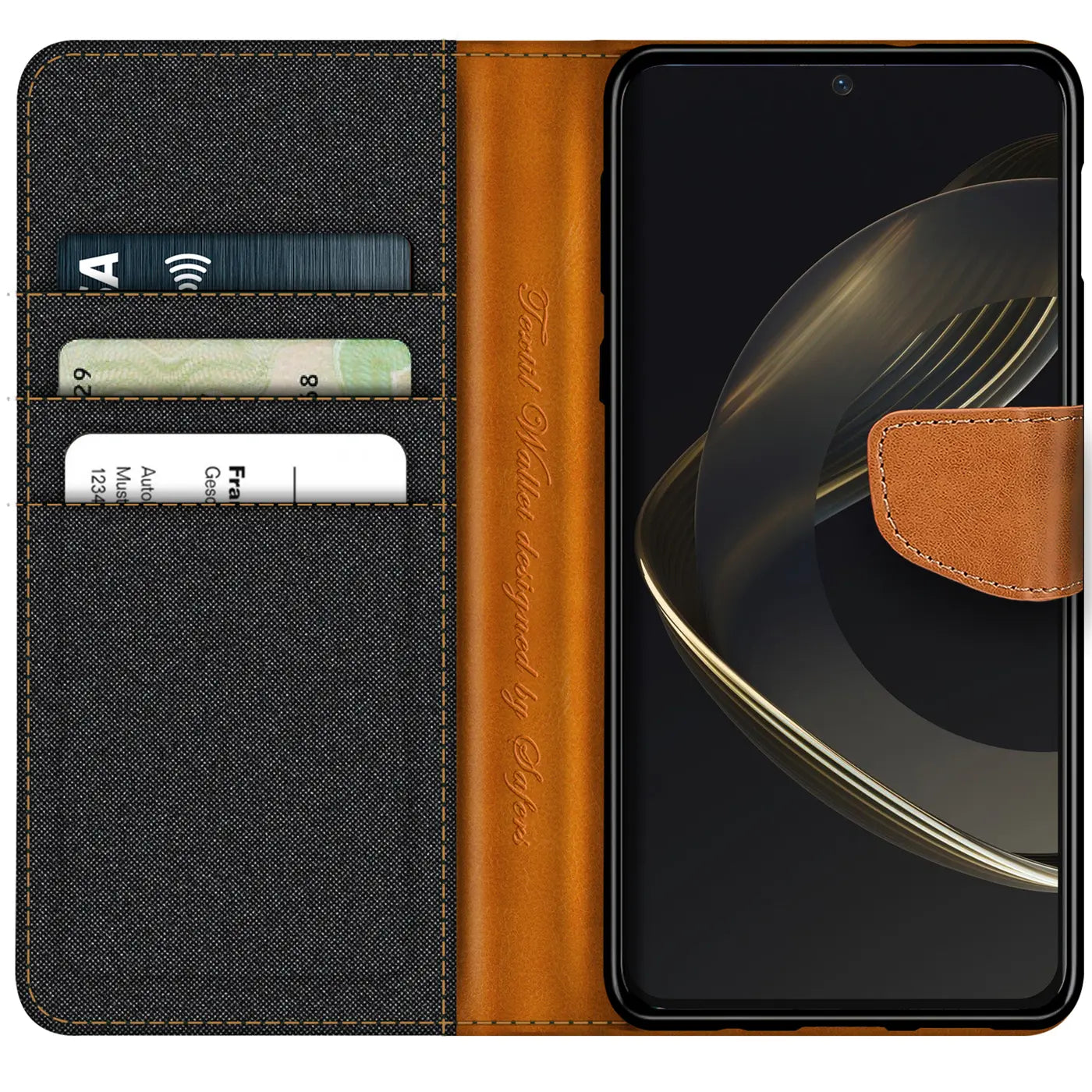 Textil-Klapphülle für Huawei Nova 12 SE, schwarz/braun, mit Kartenfach, von vorne