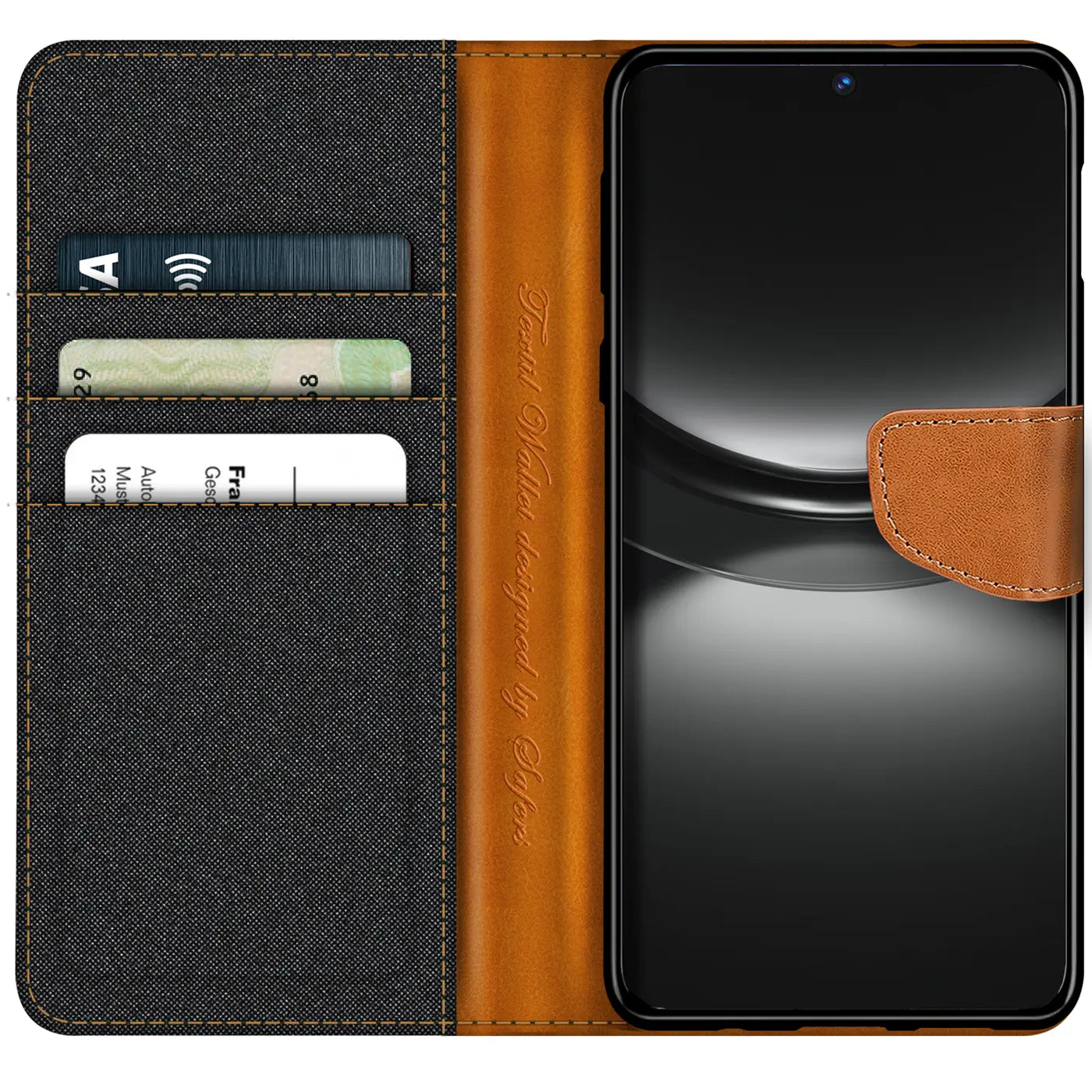 Textil Klapphülle in Schwarz/Braun mit Kartenfächern für Huawei Nova 12S, von vorne