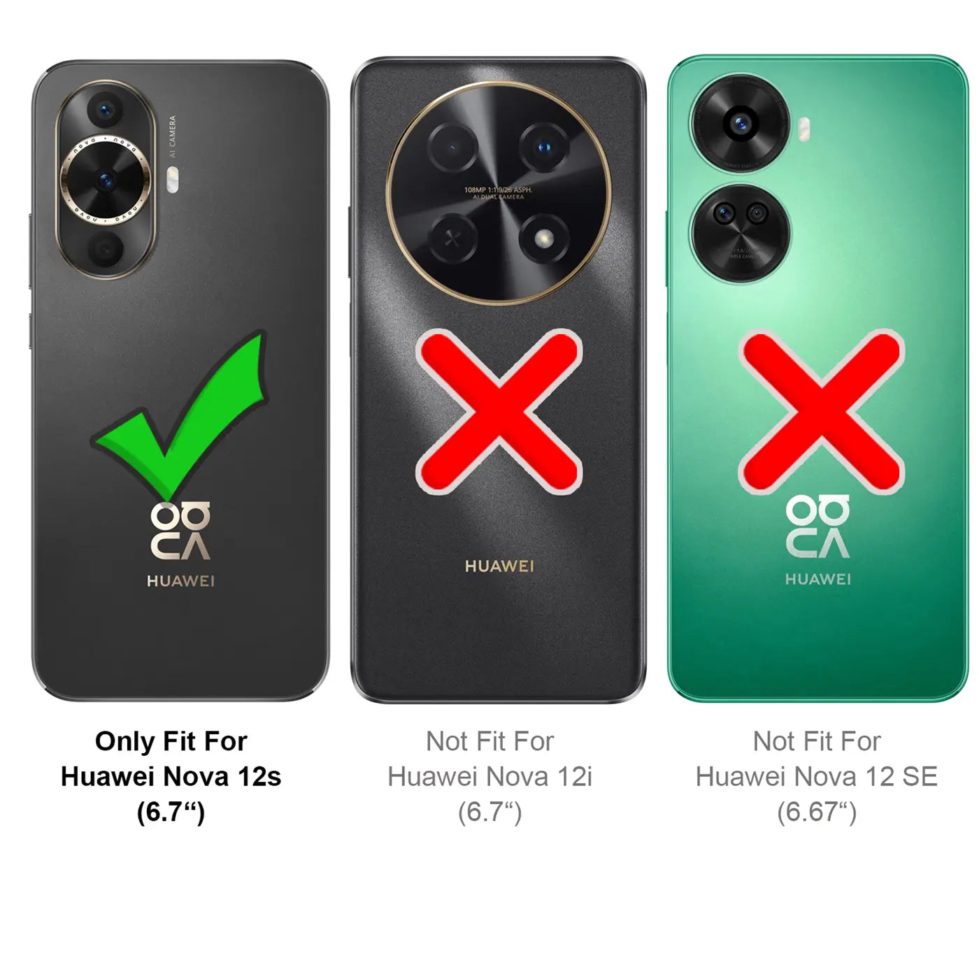 Drei Huawei-Handys, eines mit Häkchen, zwei mit Kreuzen. Schwarz, Grün.
