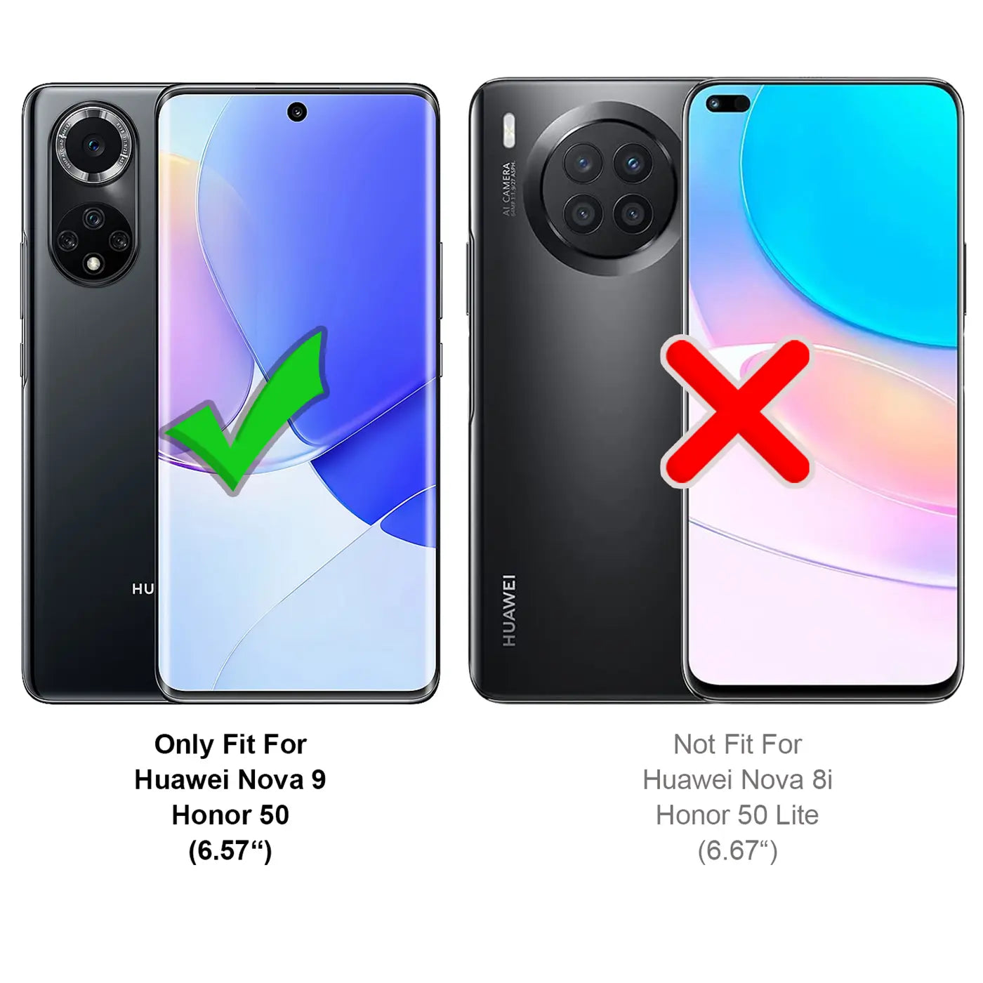 Zwei Huawei/Honor Smartphones, eines mit grünem Haken, eines mit rotem Kreuz.