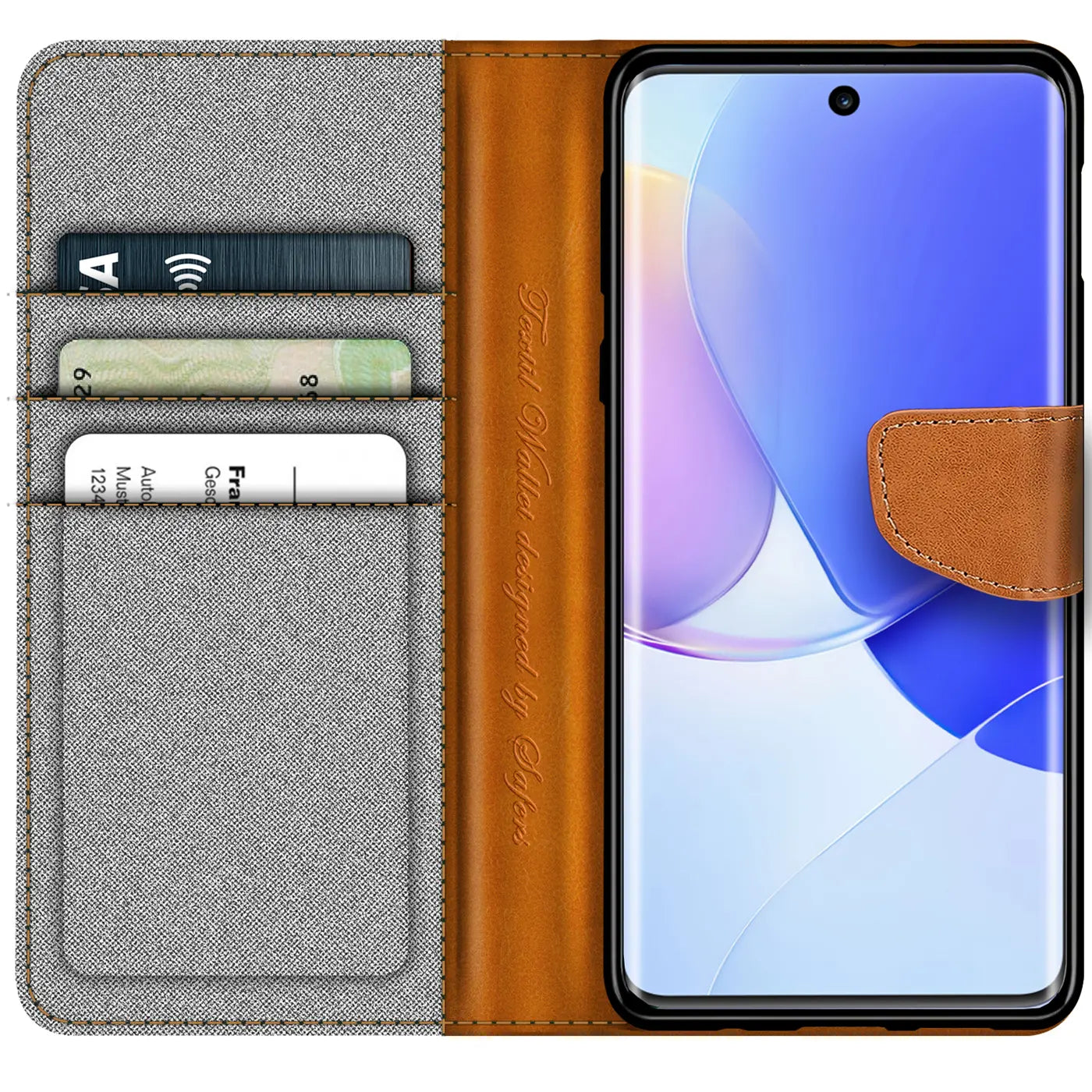 Graue Textil-Klapphülle mit braunen Lederdetails, Kartenfächern und Huawei Nova 9/Honor 50.