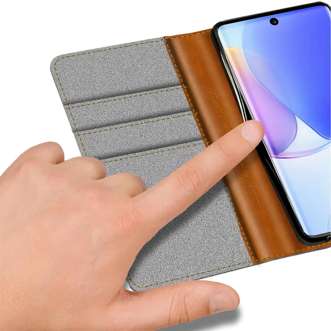 Graue Textil-Klapphülle mit braunen Lederdetails, Kartenfächern, zeigt Huawei Nova 9 / Honor 50.
