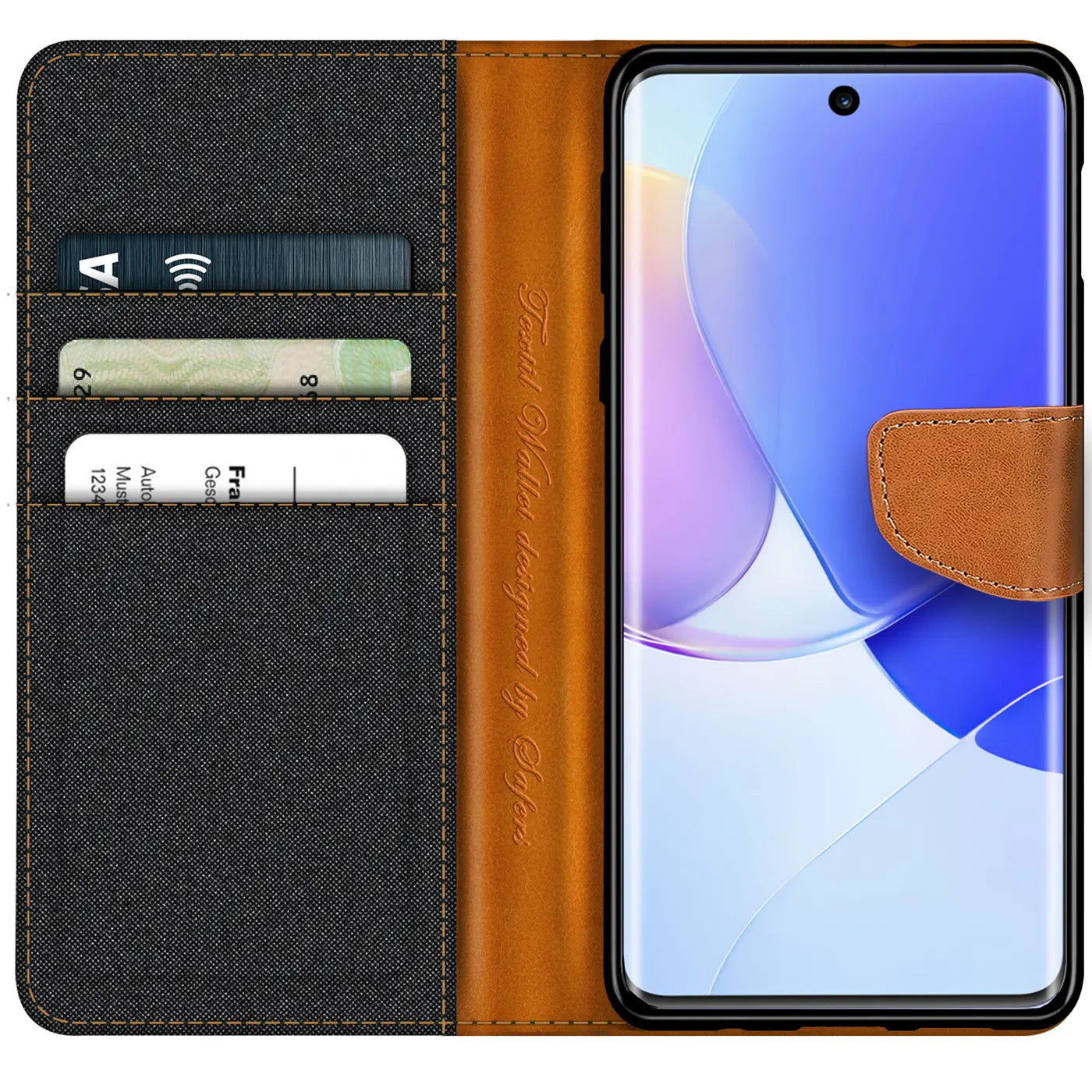 Textil-Klapphülle in Schwarz/Braun mit Kartenfächern, zeigt Huawei Nova 9/Honor 50.