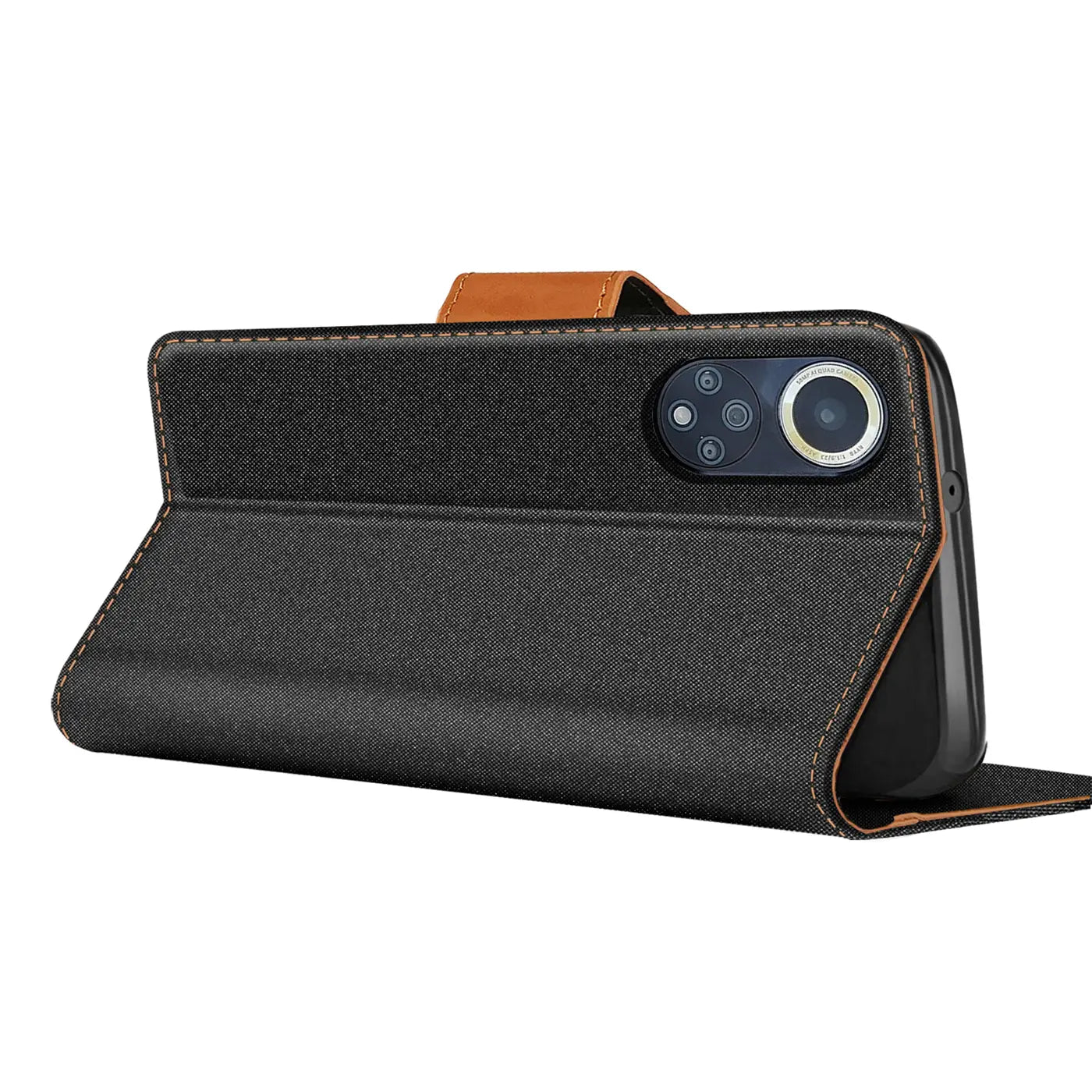 Schwarze Textil-Klapphülle mit braunen Akzenten, von der Seite, zeigt Huawei Nova 9/Honor 50.