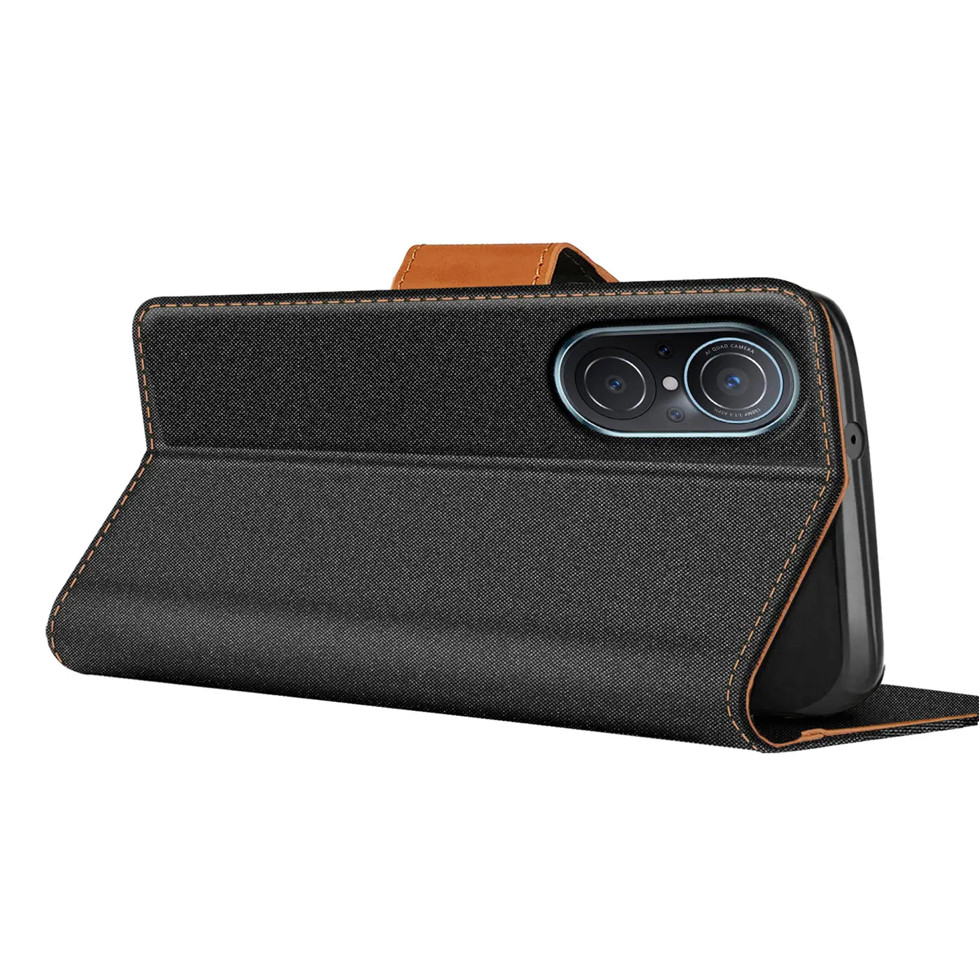 Schwarze Textil-Klapphülle mit braunen Akzenten, seitliche Ansicht, zeigt Huawei Nova 9 SE Rückseite.