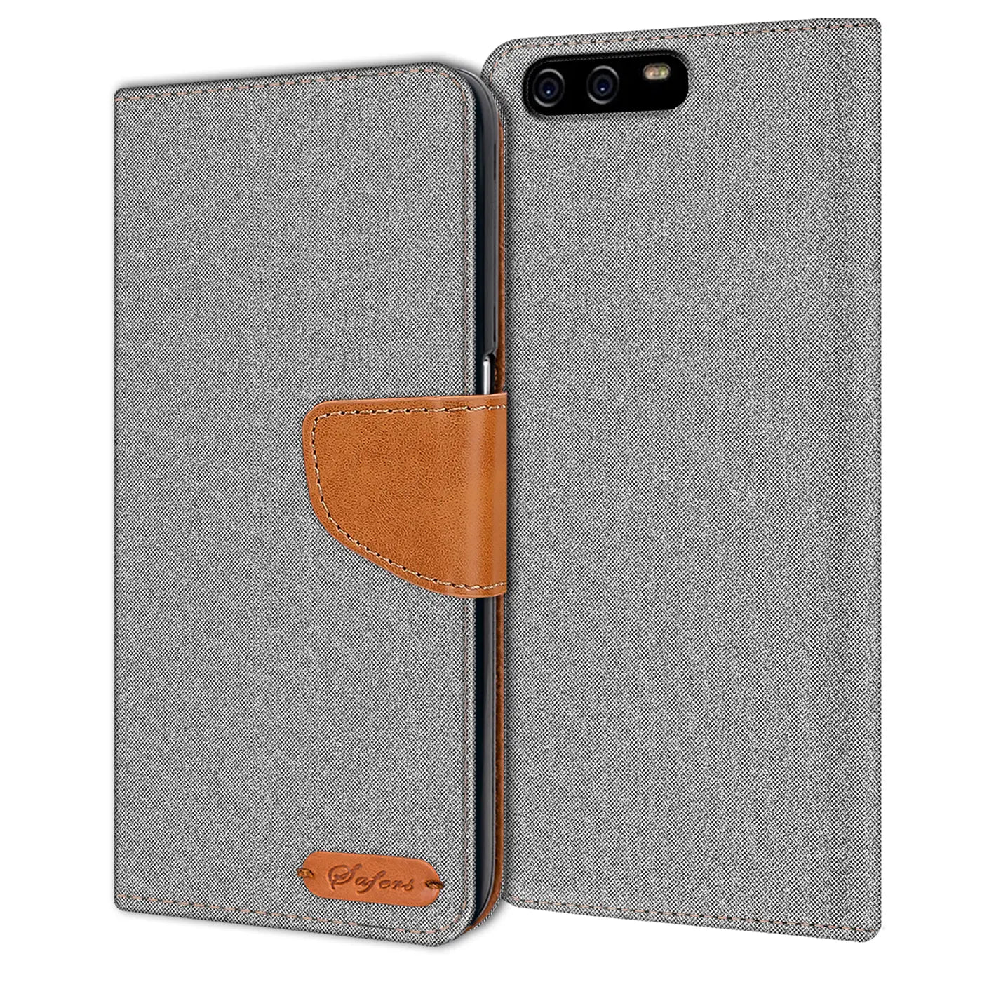 Graue Textil-Klapphülle mit braunem Lederakzent für Huawei P10, von vorne betrachtet.