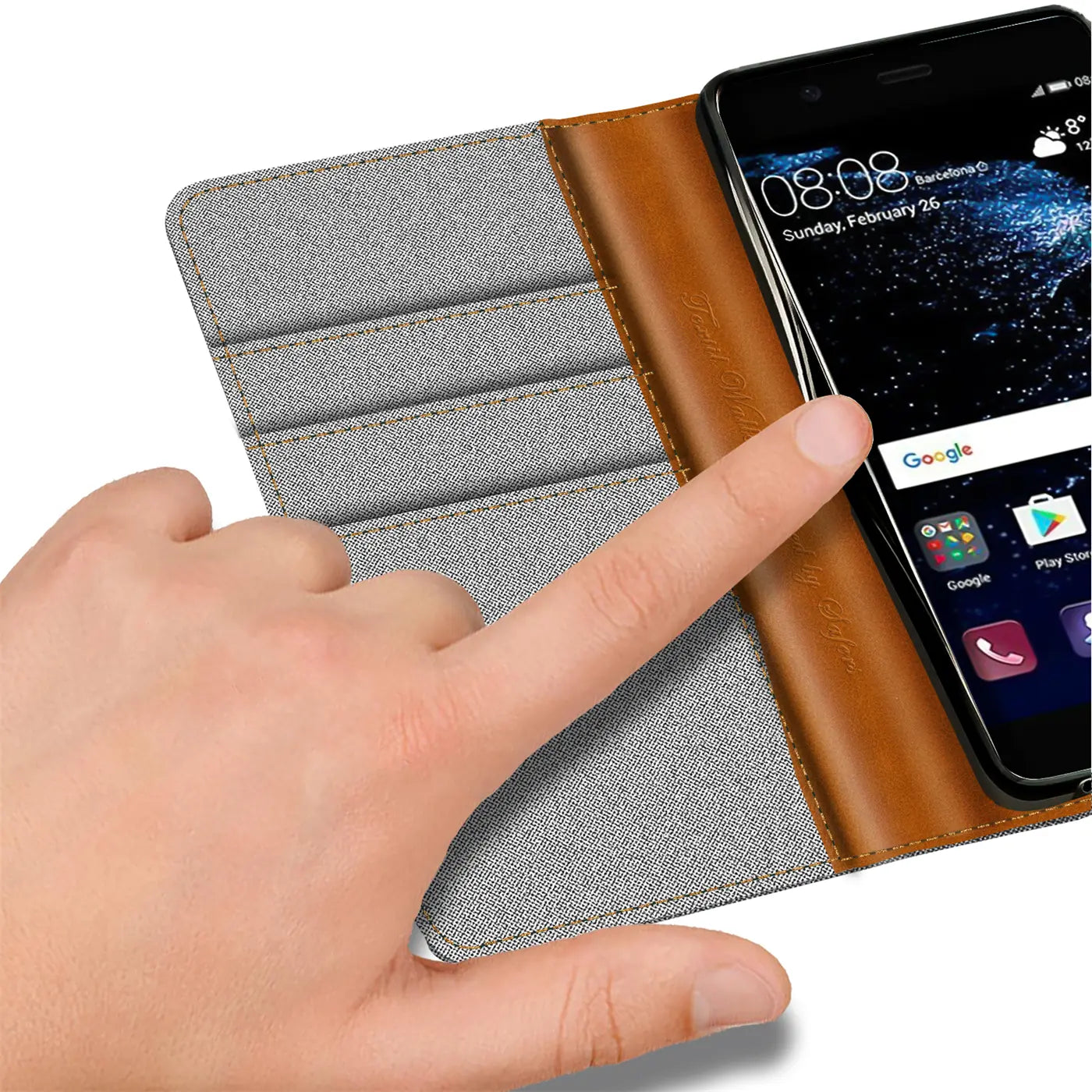 Graue Textil-Klapphülle mit braunen Lederakzenten, Huawei P10 mit Kartenfach, Nahaufnahme.