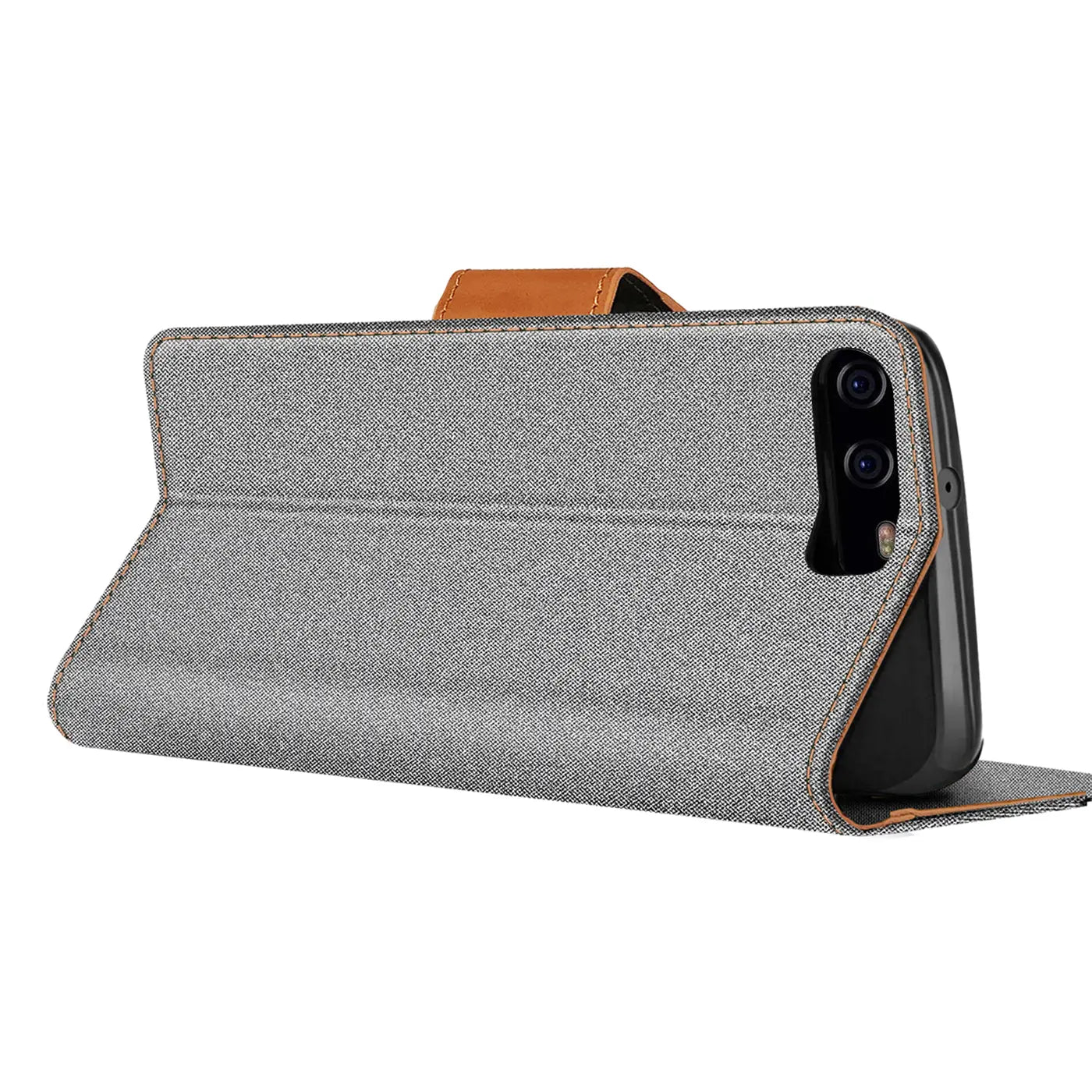 Graue Textil-Klapphülle mit braunem Lederriemen, seitliche Ansicht, Huawei P10 erkennbar.